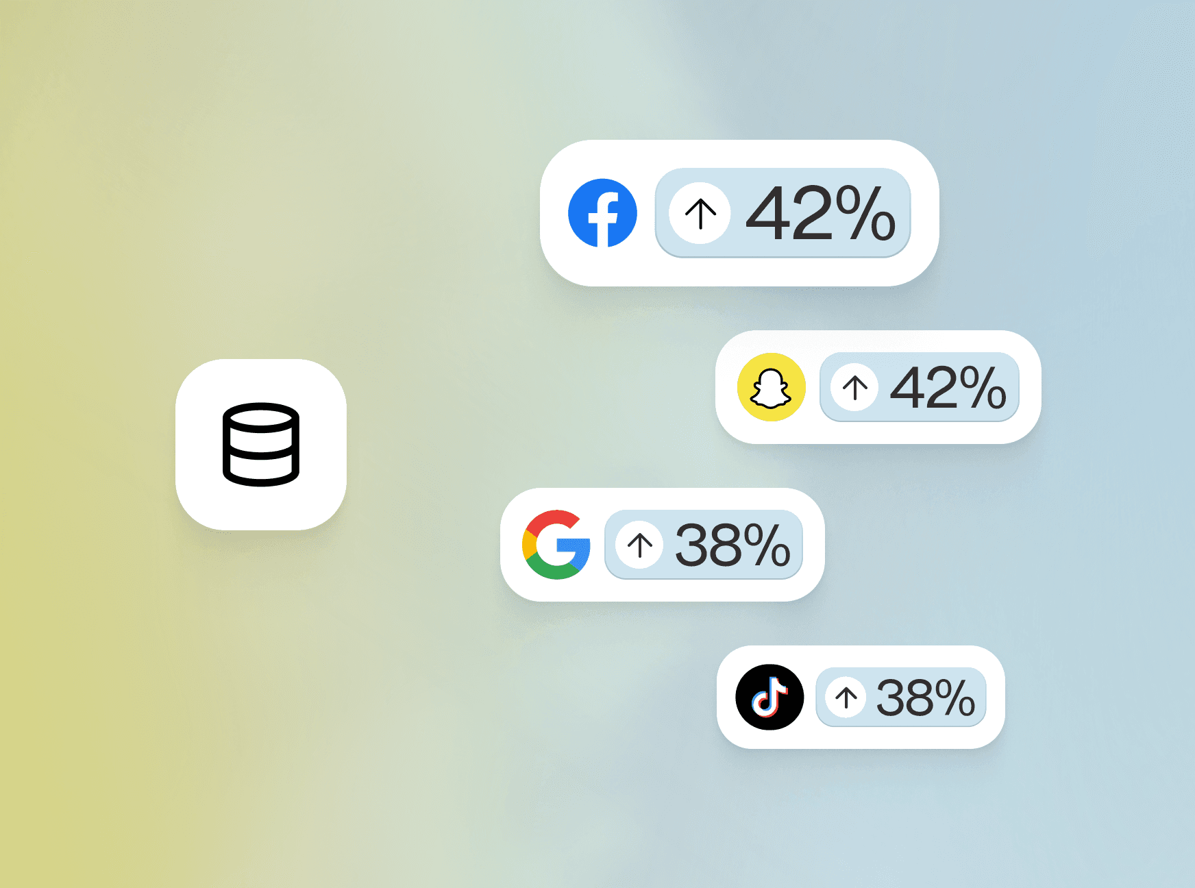 Abstract illustration of a data warehouse with logos of various ad platforms like Facebook, Snapchat, Google, and TikTok all with increased match rates.