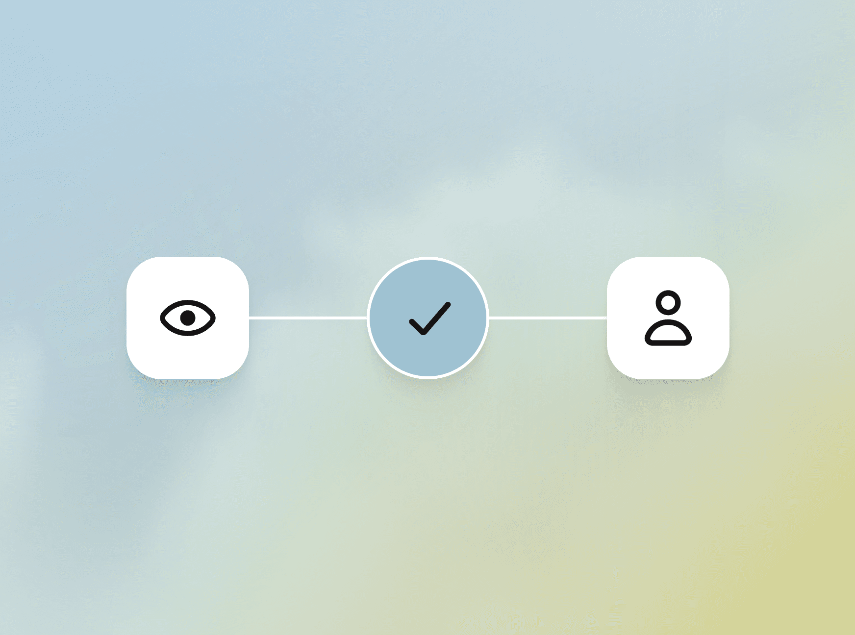 Illustration showing an eye icon and a person icon connected with a checkmark in the middle.