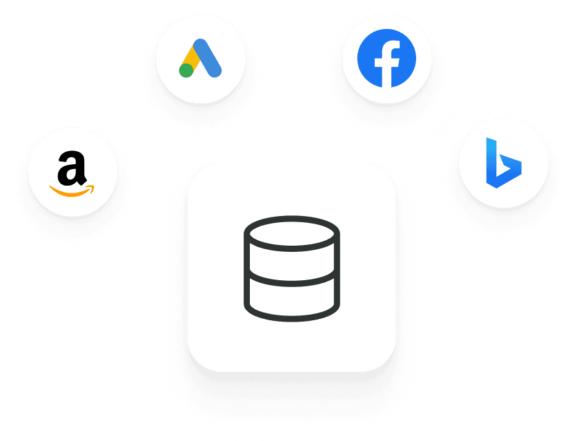 A data warehouse surrounded by Google Ads, Facebook, Amazon, and Microsoft Bing logos.