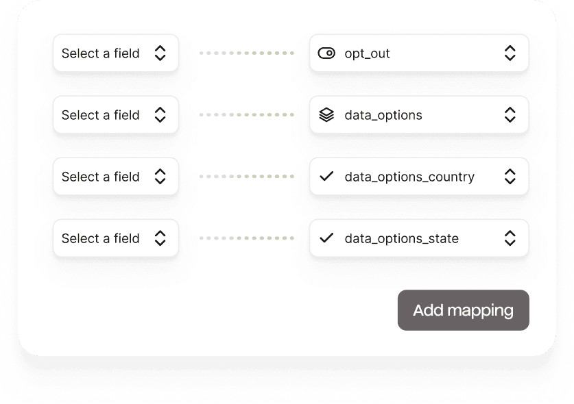 Field mappings for opt-out preferences, data sharing options, country, and state.