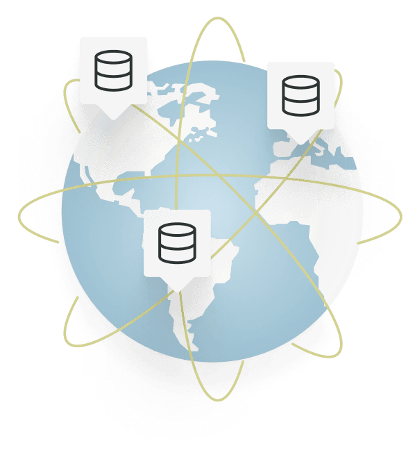 A globe with database location markers illustrating regional data storage and processing.
