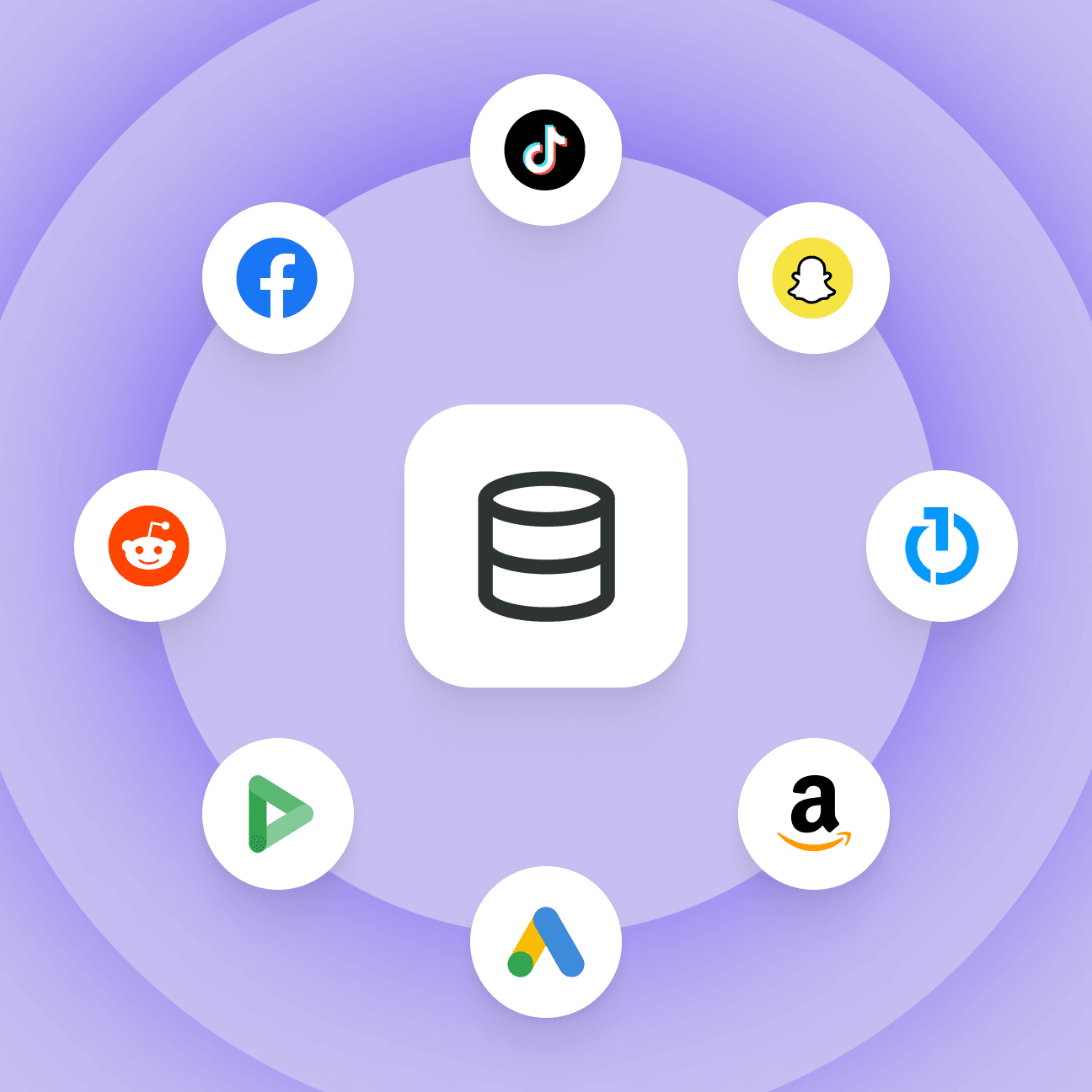 Abstract illustration of a data warehouse surrounded by logos from tools like TikTok, Snapchat, The Trade Desk, AWS, Google Ads, Google Display & Video 360, Reddit, and Facebook.