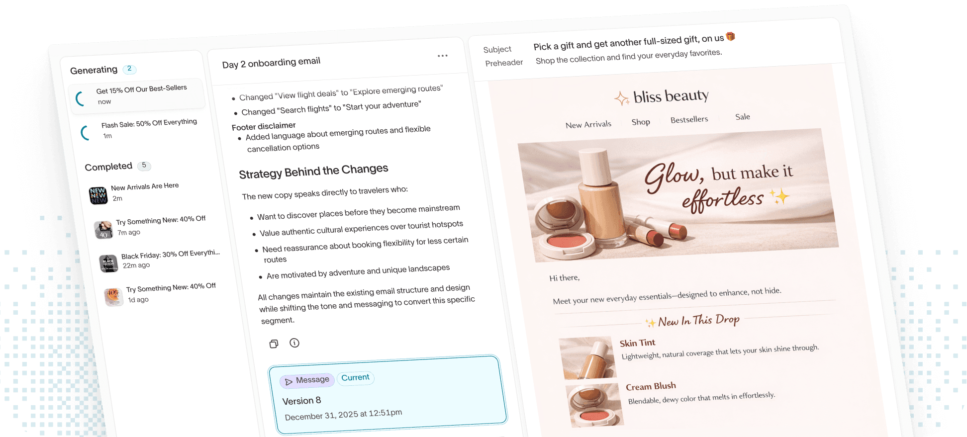 Hightouch's Lifecycle Studio showing email campaign generation interface with strategy notes on the left and a Bliss Beauty promotional email preview on the right featuring makeup products with the tagline 'Glow, but make it effortless.'