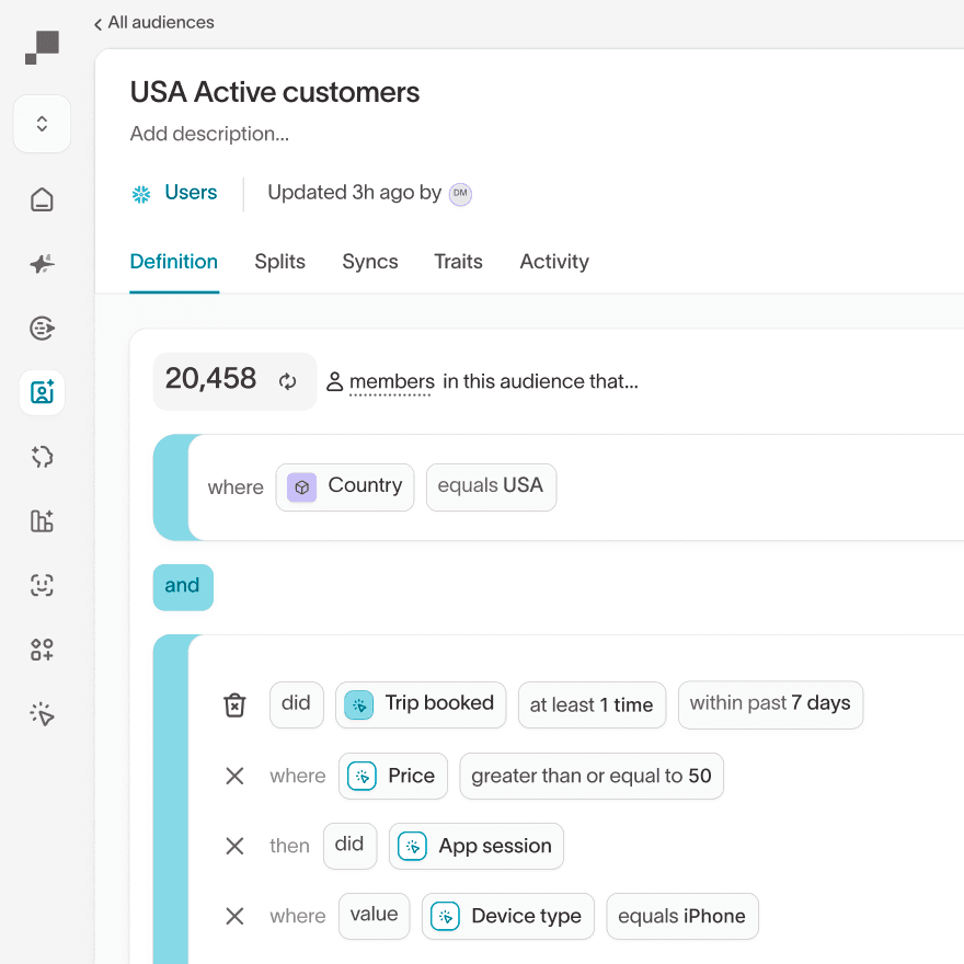 Hightouch Audience builder named 'USA Active Customers' with filters selecting users with their country equal to 'USA' and had booked a trip greater than $100 within 7 days.