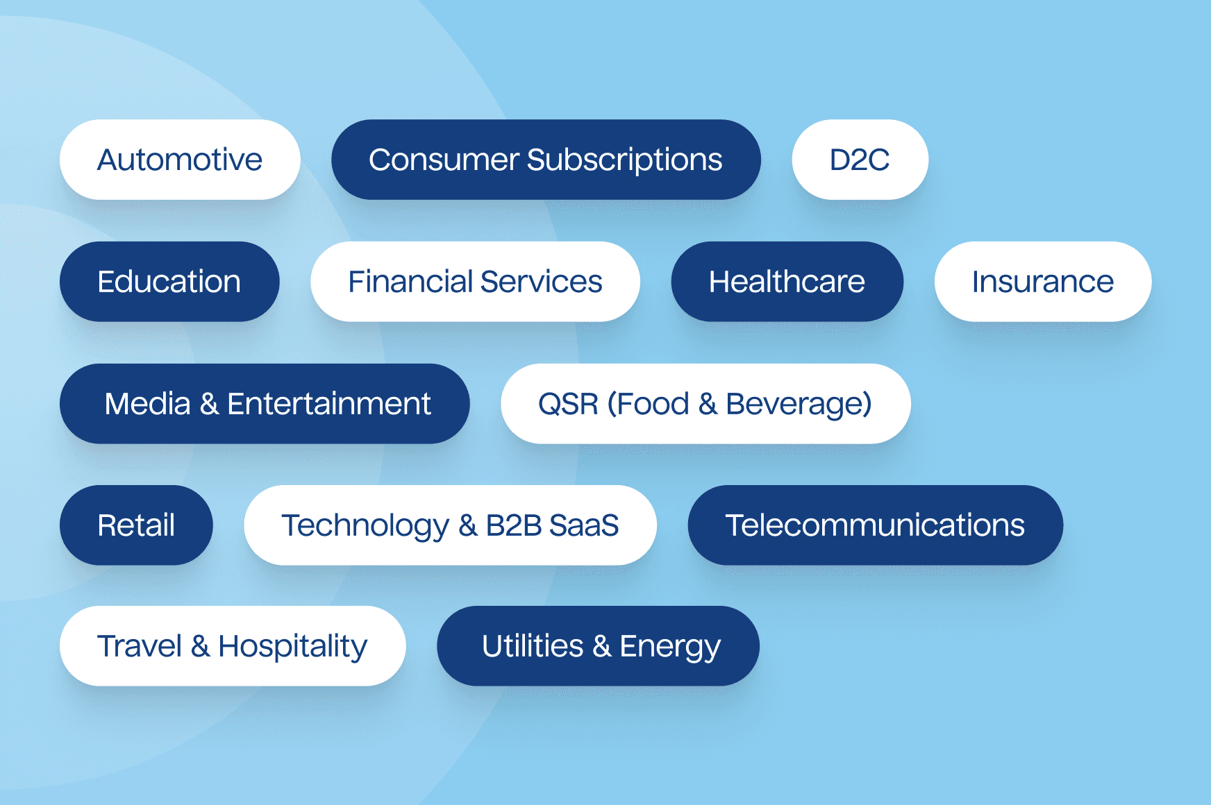 An illustration listing names of different industries: Automotive, Consumer Subscriptions, D2C, Education, Financial Services, Healthcare, Insurance, Media & Entertainment, QSR (Food & Beverage), Retail, Technology & B2B SaaS, Telecommunications, Travel & Hospitality, and Utilities & Energy.