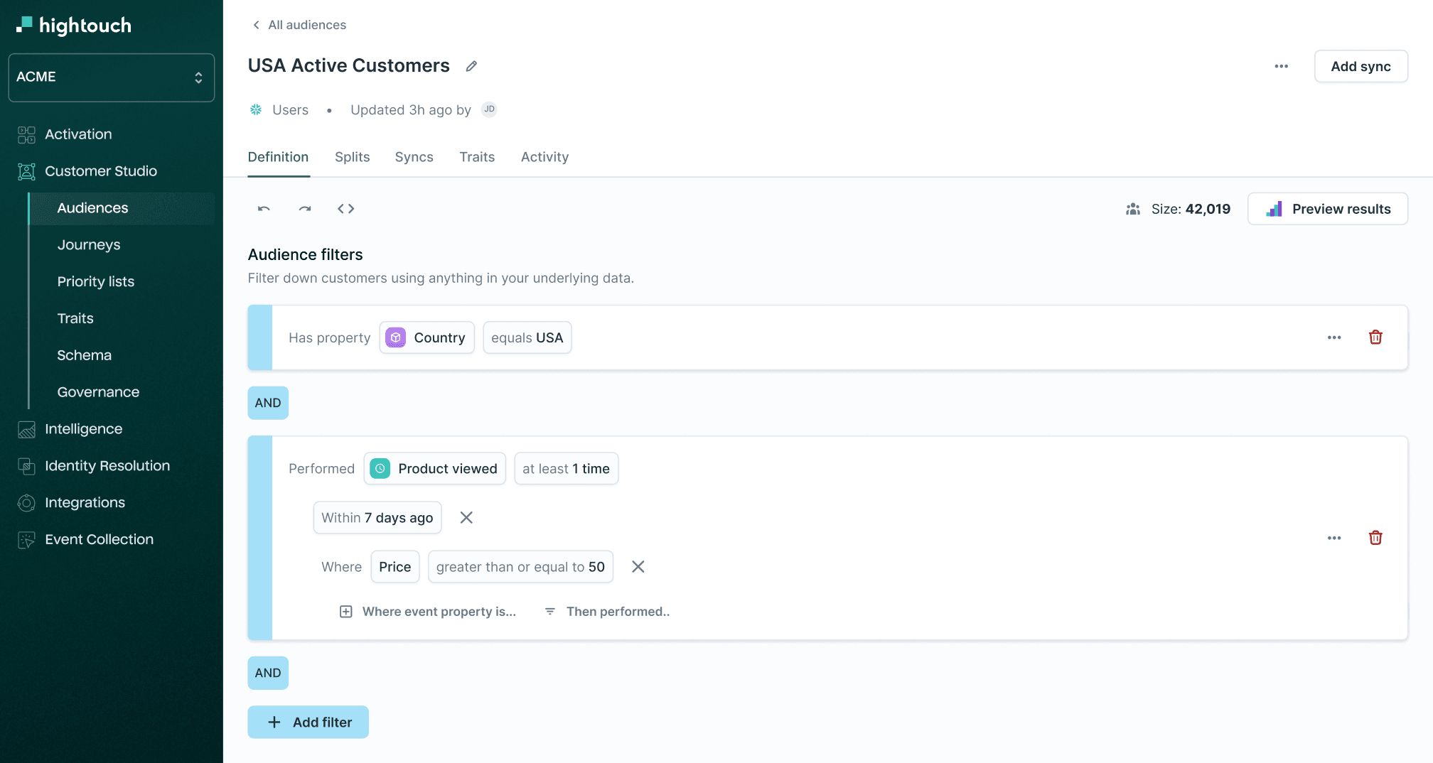 Hightouch Audiences interface. The audience is titled USA Active Customers and there are filters selected for users with country equal to usa, and those who viewed a product at least one time, within 7 days, where the price is greater than or equal to $50.