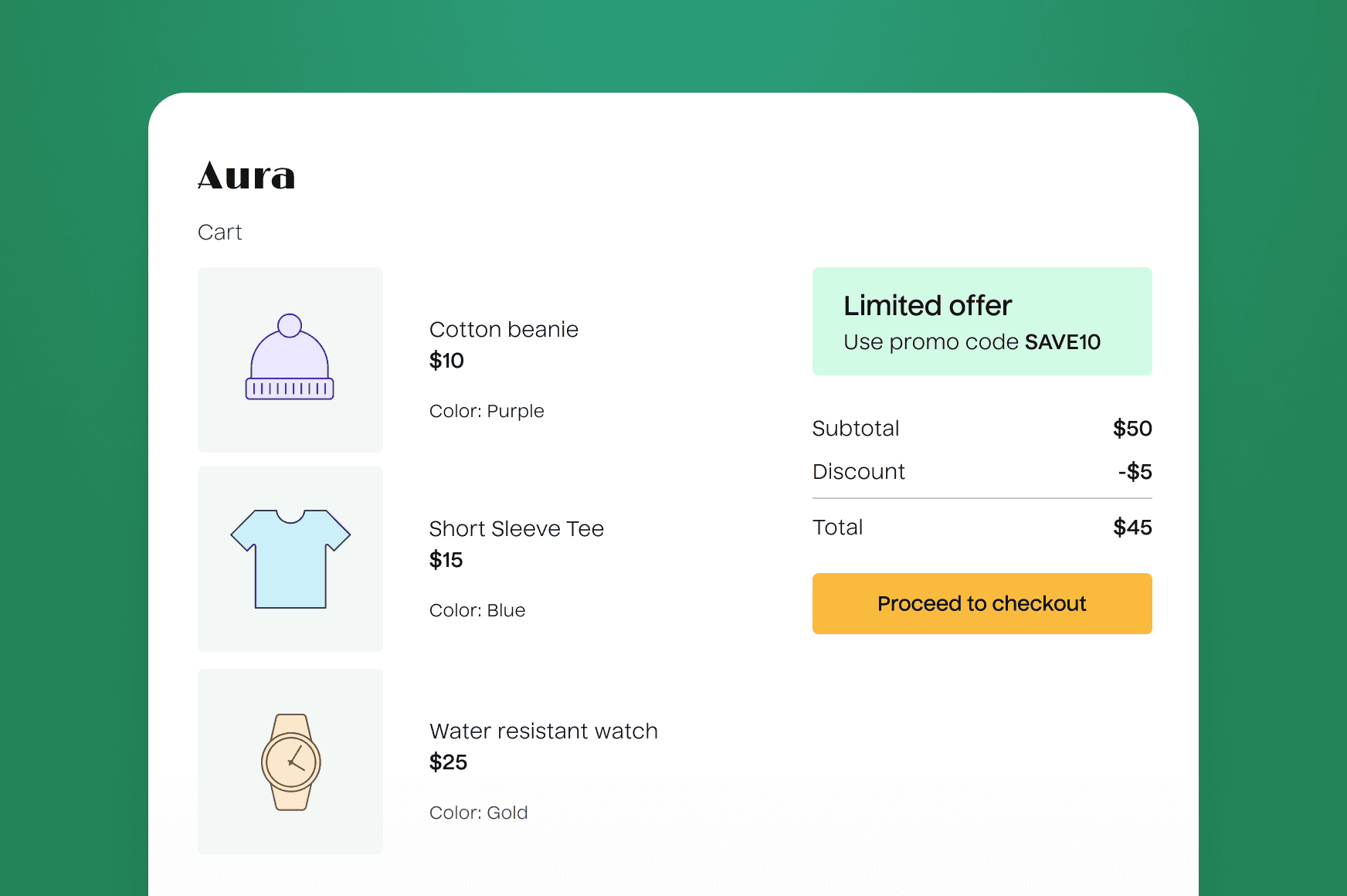 Illustration of an e-commerce website interface featuring a checkout page with three items in the cart and an applied coupon discounting the total price.