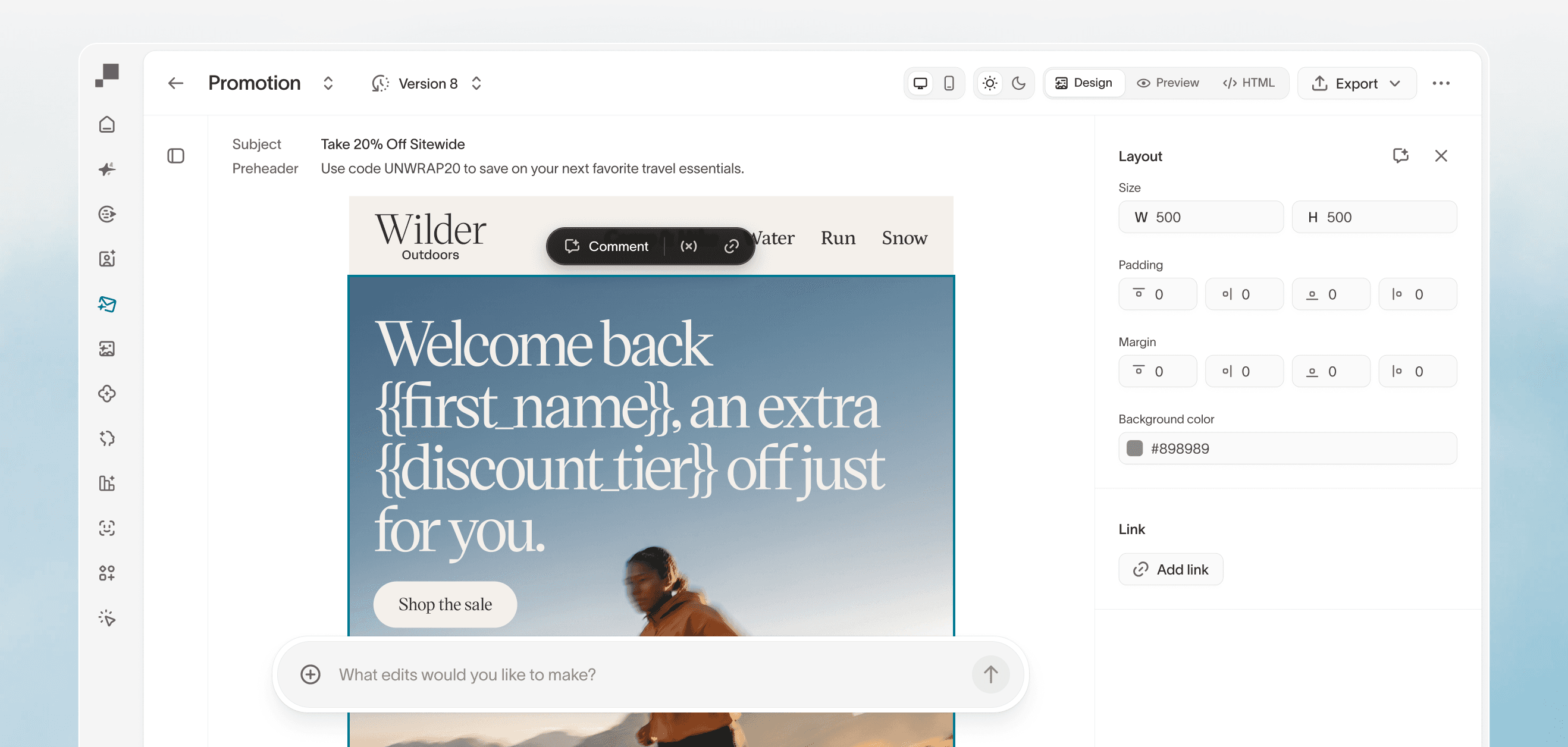 Self-serve email editor showing a promotional campaign with a side panel of editable layout, padding, and color controls.