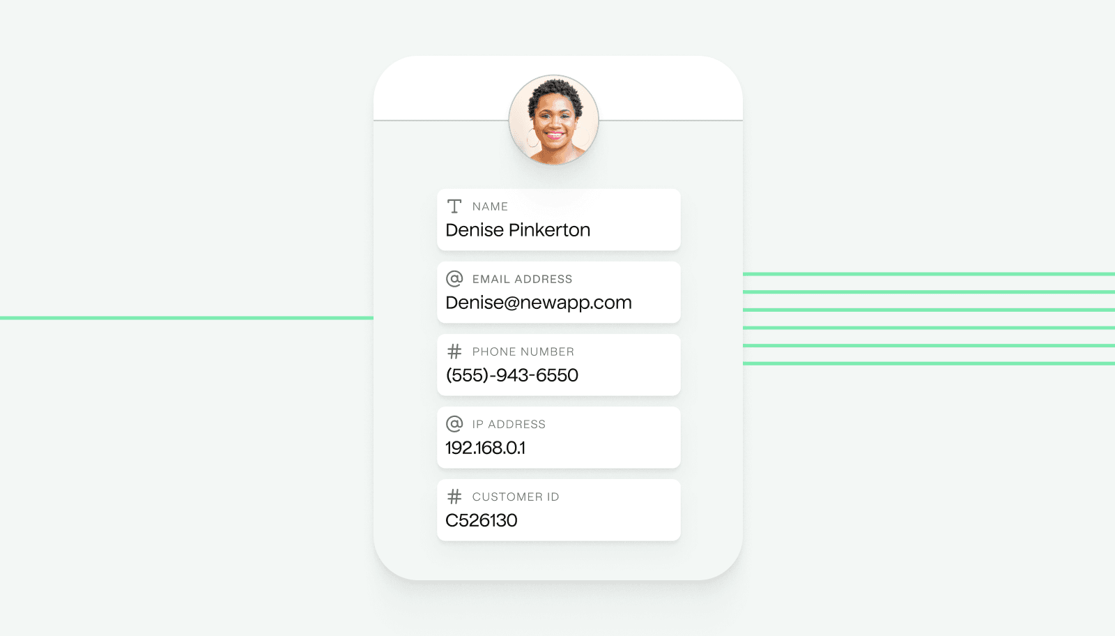 Illustration showing a single line of data flowing into a unified profile, including name, email address, phone number, IP address, and customer ID. From the profile, many lines of data are flowing out.