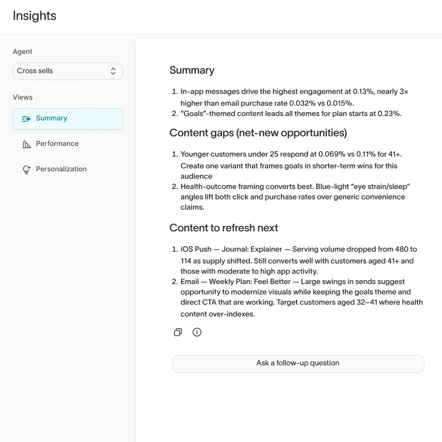 Hightouch Agents chat interface displaying a summary with content gaps, recommended content updates, engagement metrics, and suggestions for improving messaging to different age groups.