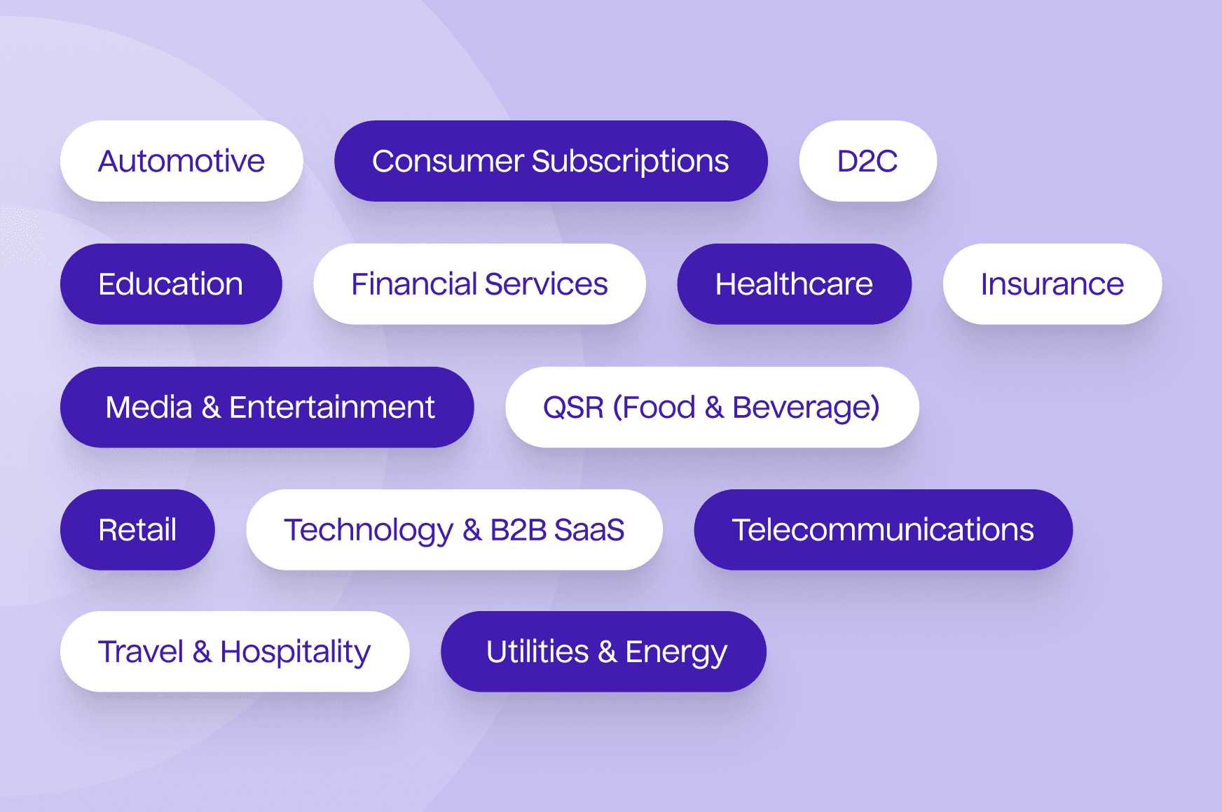 An illustration listing names of different industries: Automotive, Consumer Subscriptions, D2C, Education, Financial Services, Healthcare, Insurance, Media & Entertainment, QSR (Food & Beverage), Retail, Technology & B2B SaaS, Telecommunications, Travel & Hospitality, and Utilities & Energy.