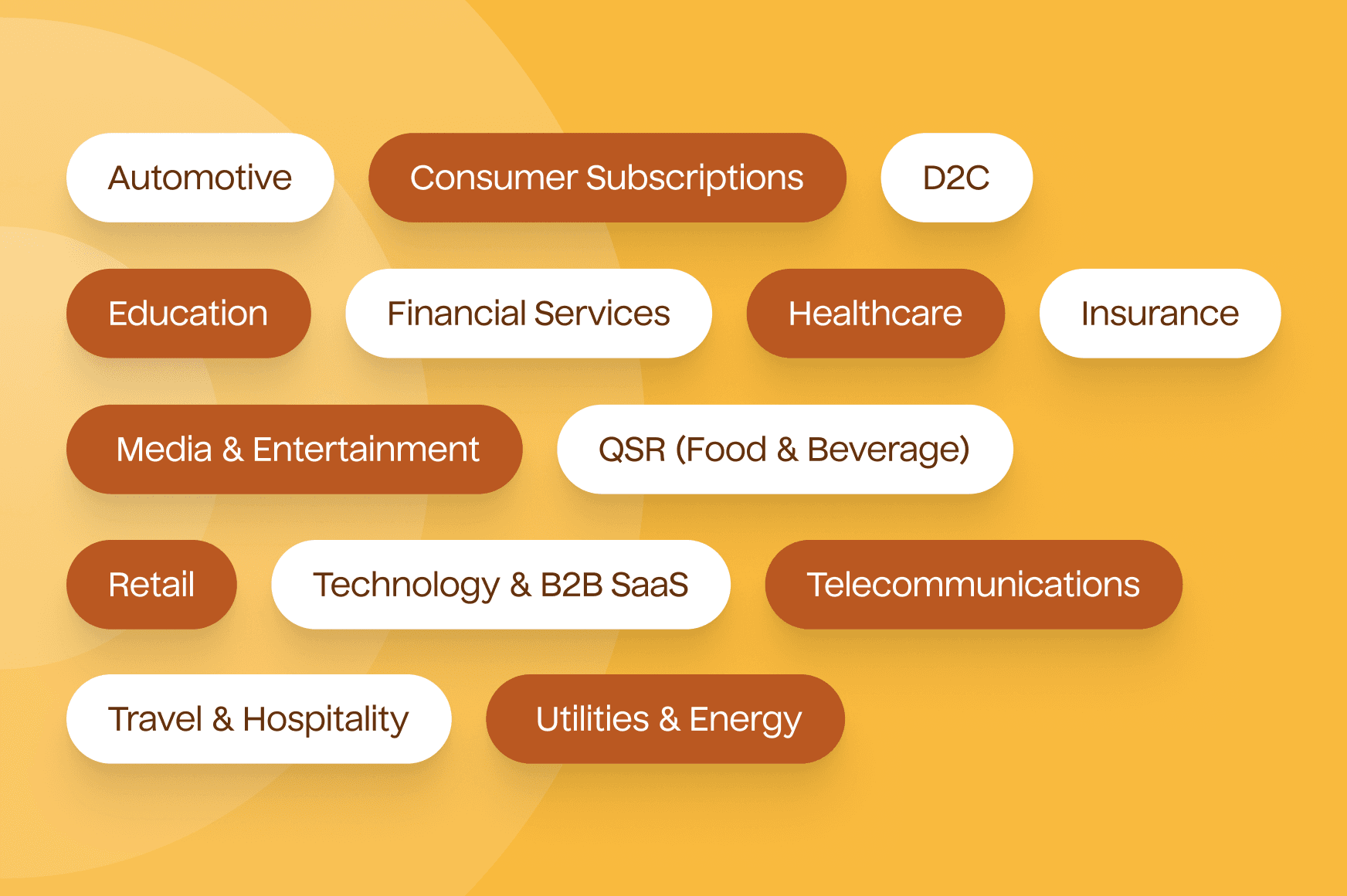 An illustration listing names of different industries: Automotive, Consumer Subscriptions, D2C, Education, Financial Services, Healthcare, Insurance, Media & Entertainment, QSR (Food & Beverage), Retail, Technology & B2B SaaS, Telecommunications, Travel & Hospitality, and Utilities & Energy.