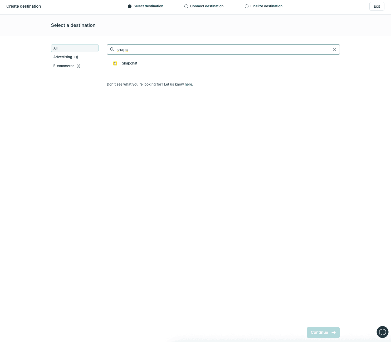 The destination selection for Snapchat in Hightouch