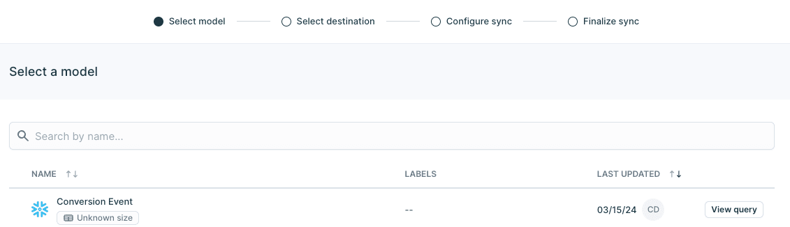Selecting a model you created in Hightouch