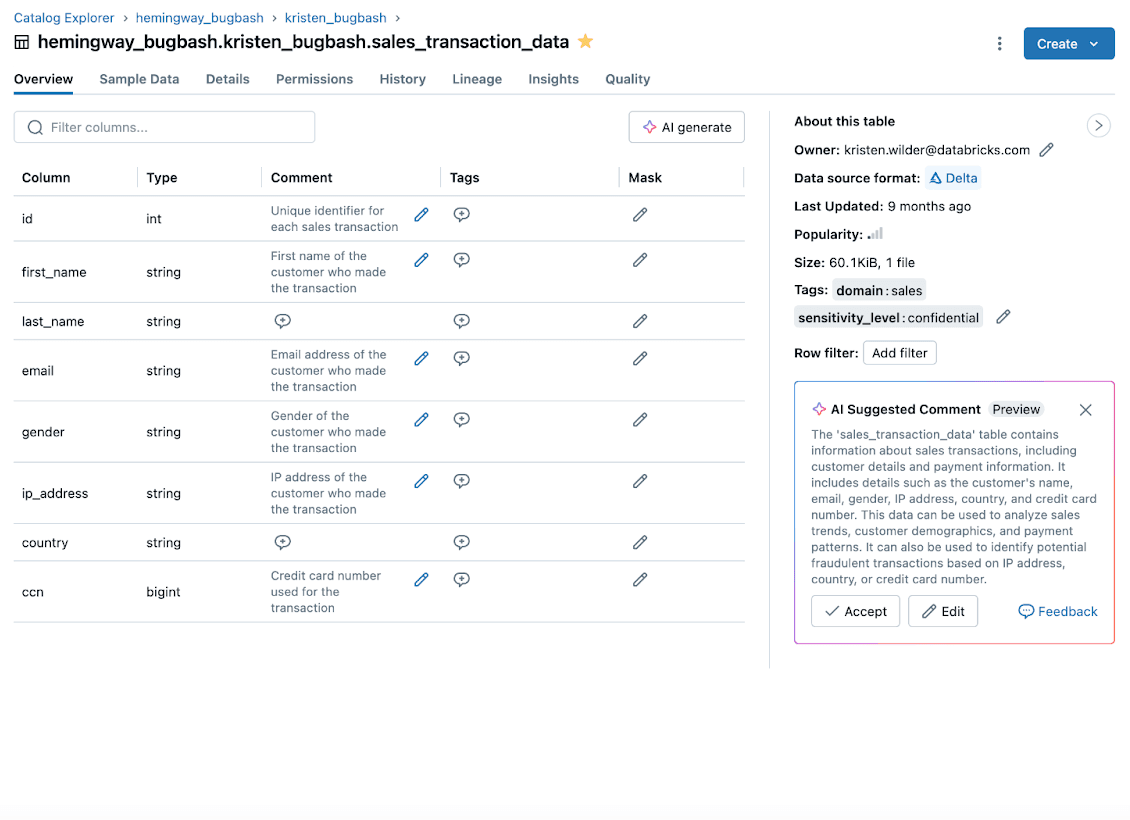 Unity Catalog AI comments