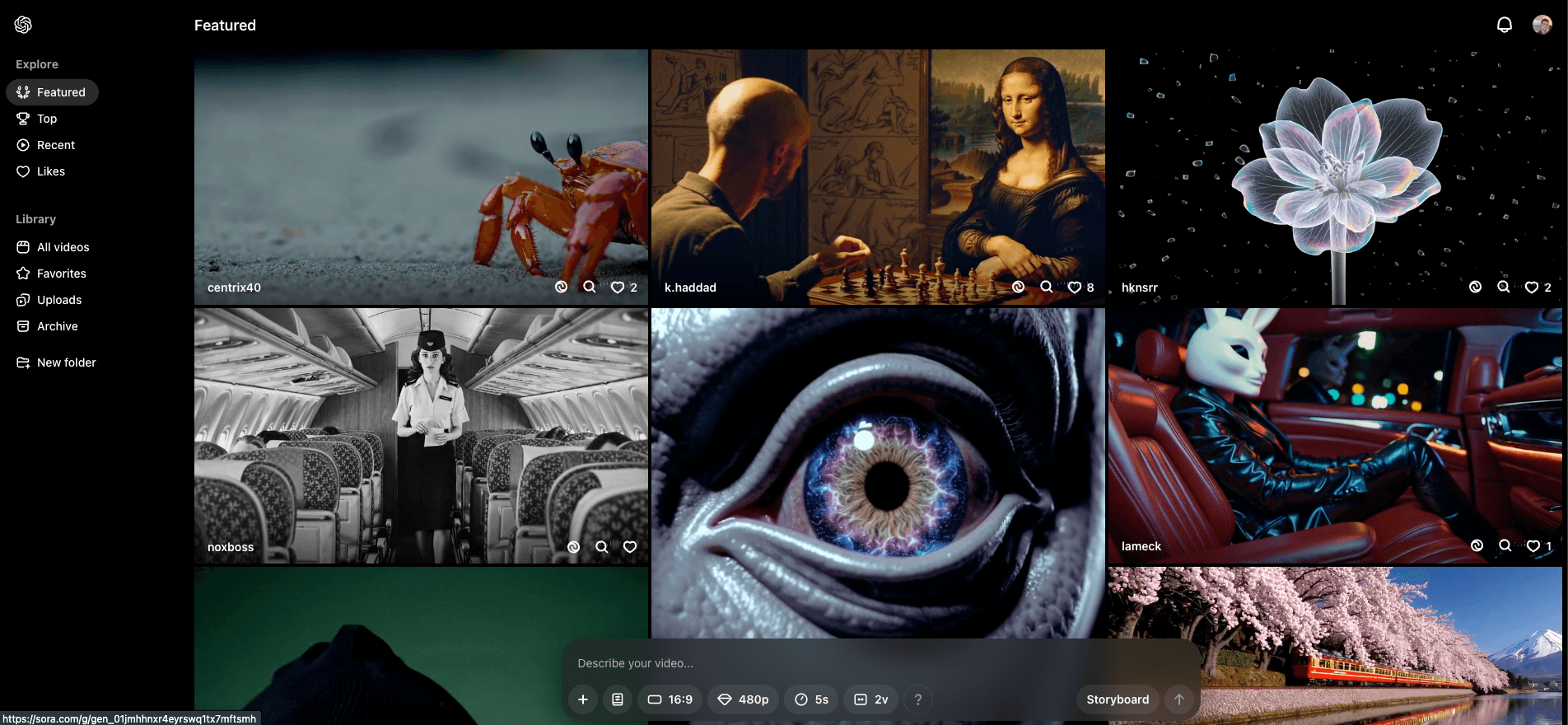 The homepage of Sora from OpenAI