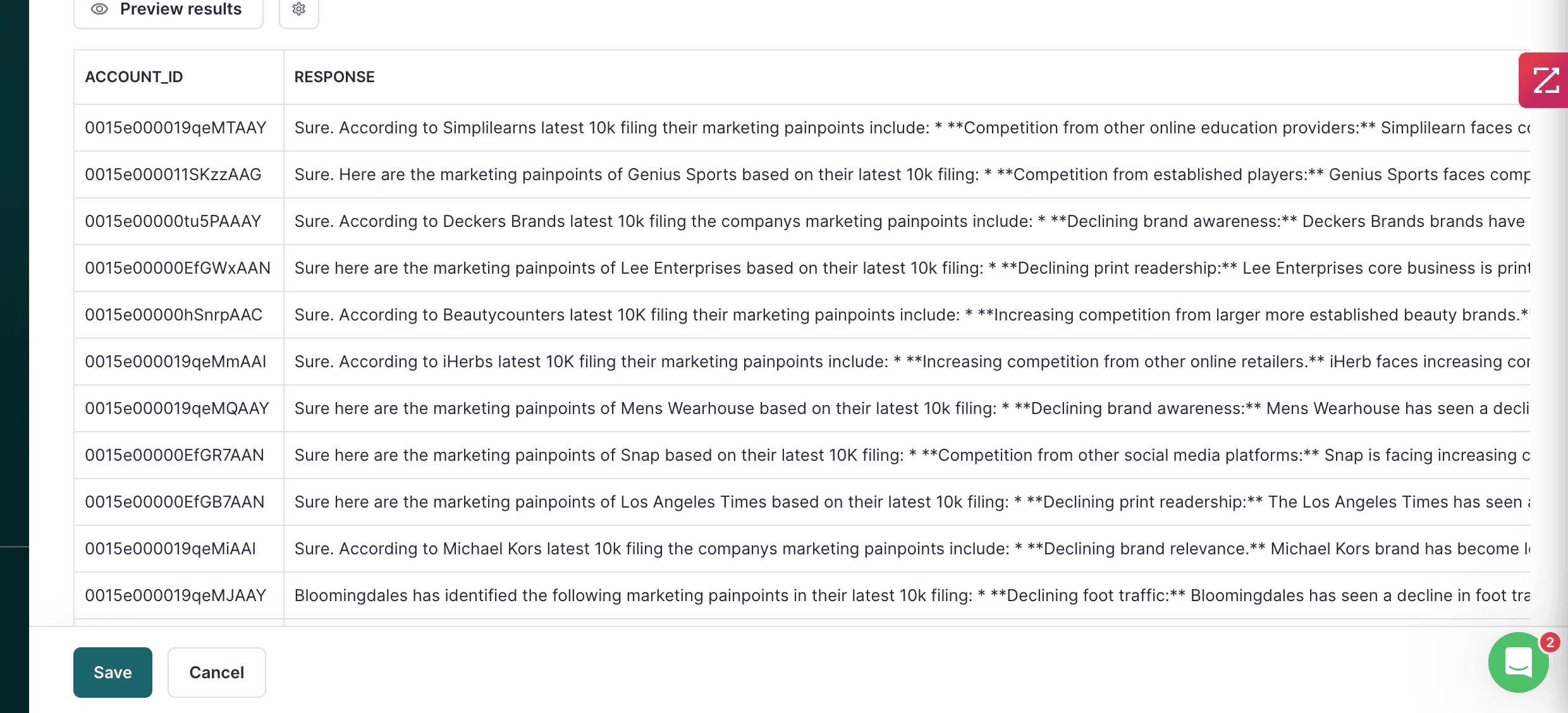 Select all from the response table