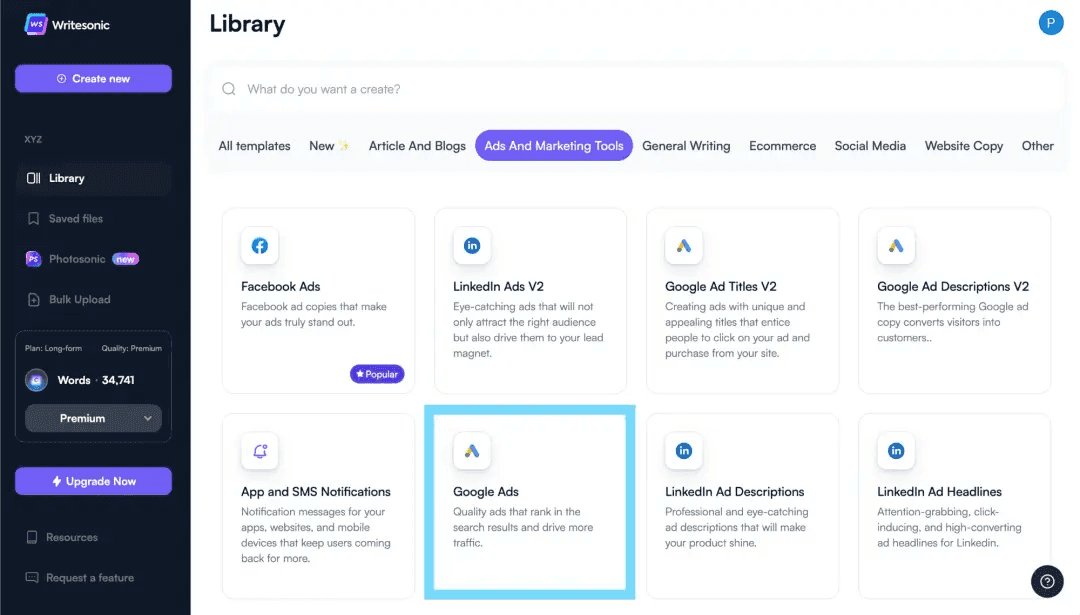 The template library for WriteSonic