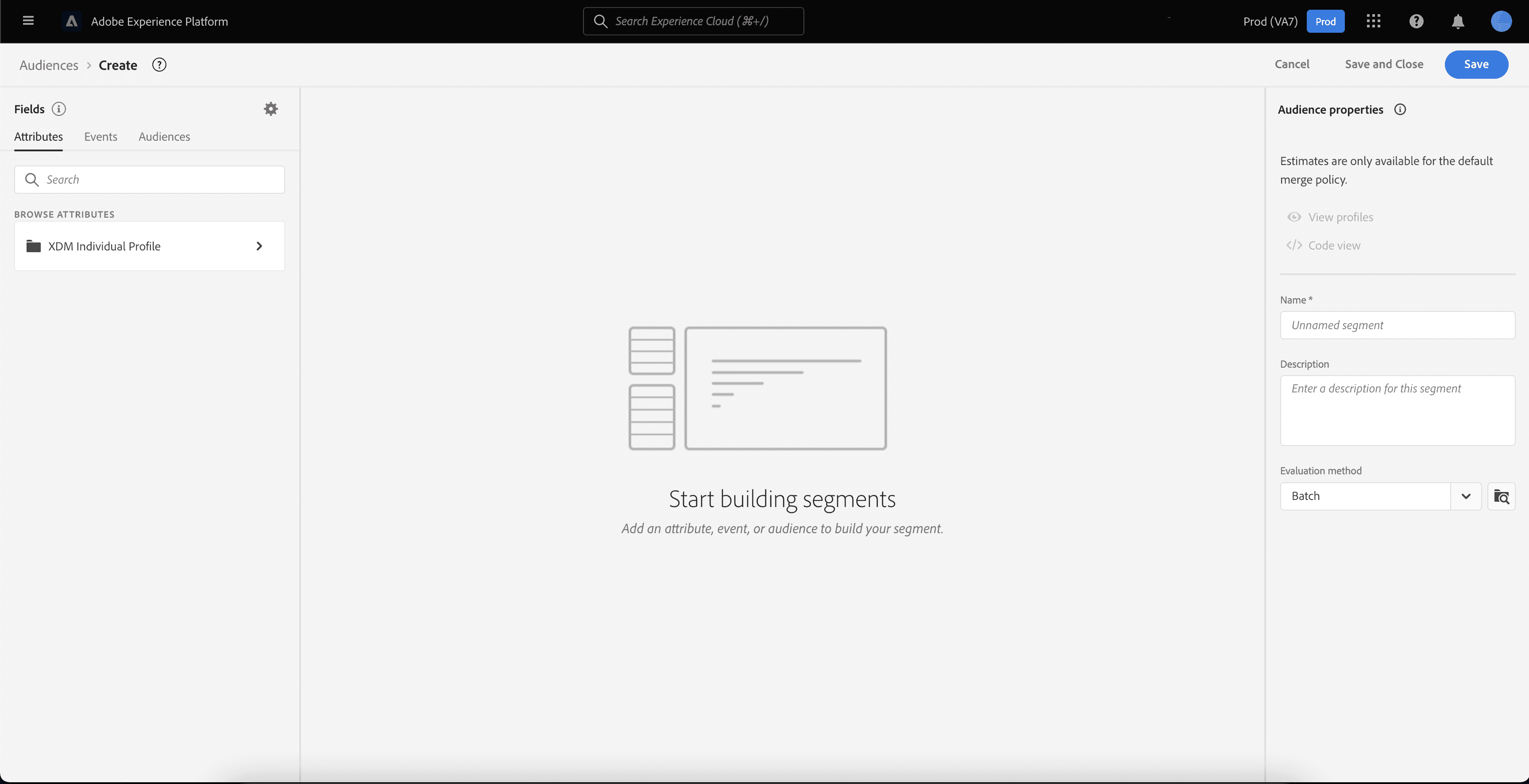 A screenshot of the Adobe CDP audience builder