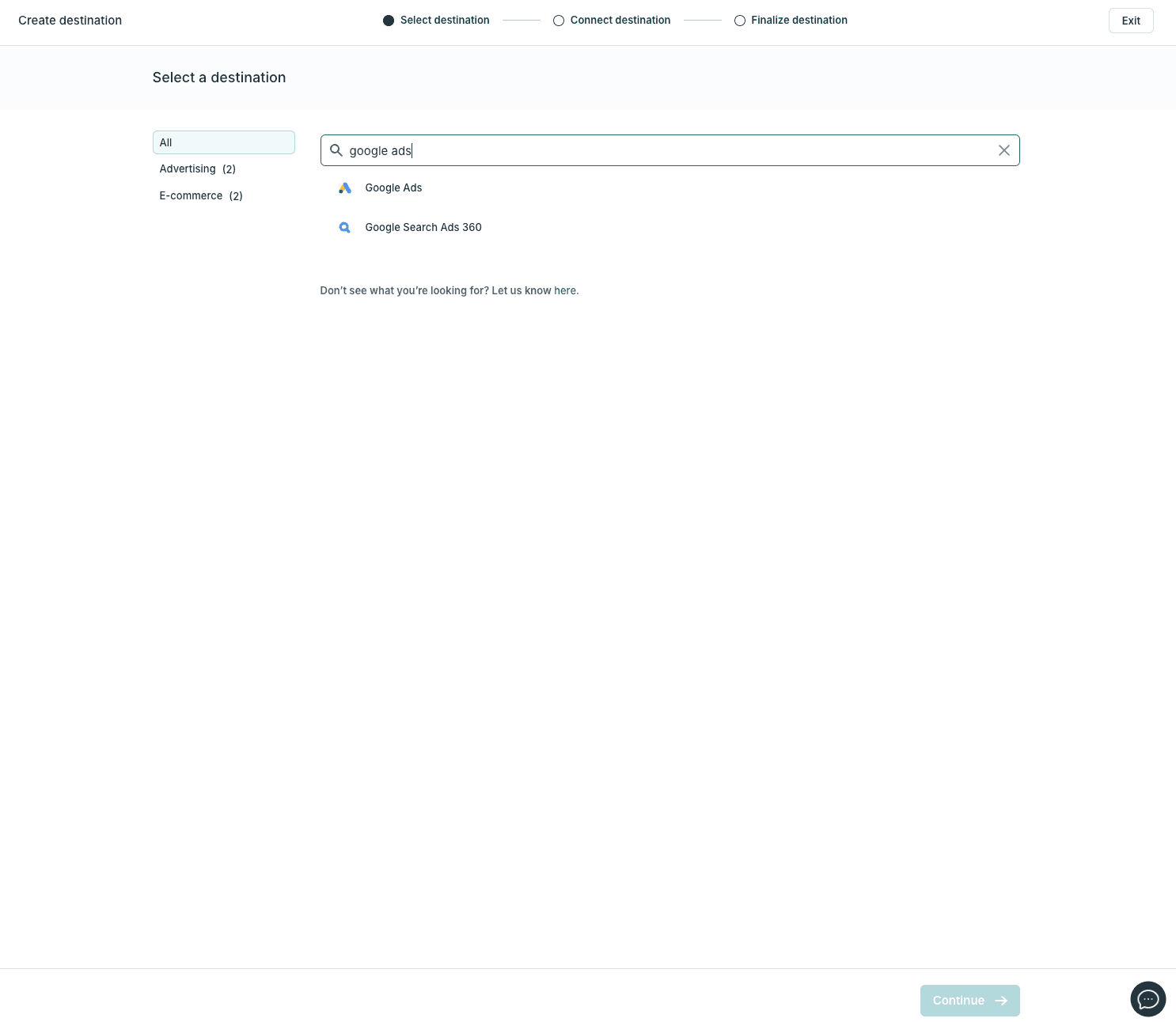 The destination page for selecting destination in Hightouch