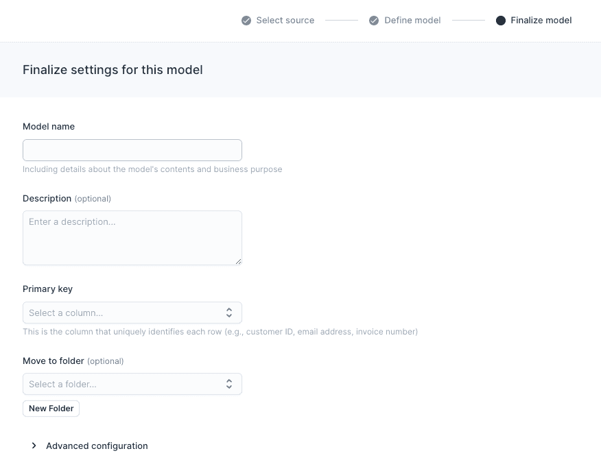 Finalizing the model settings in Hightouch