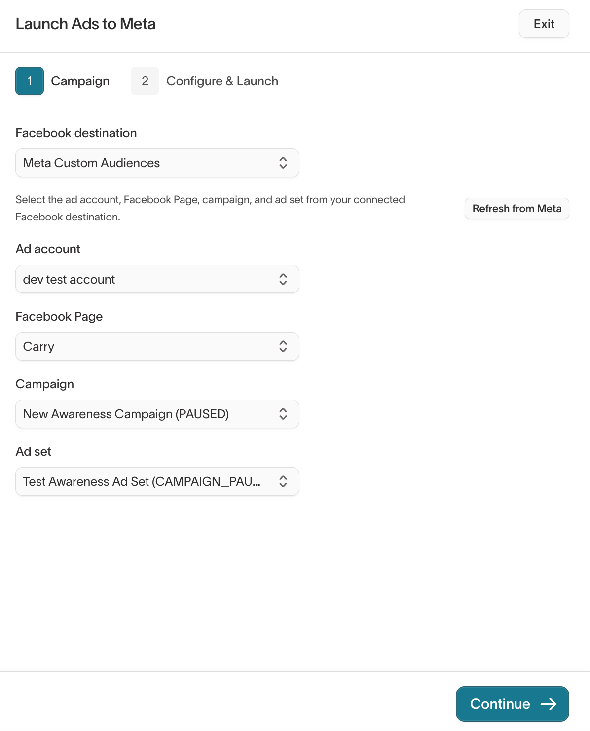 Launch step 1 — select campaign and ad set