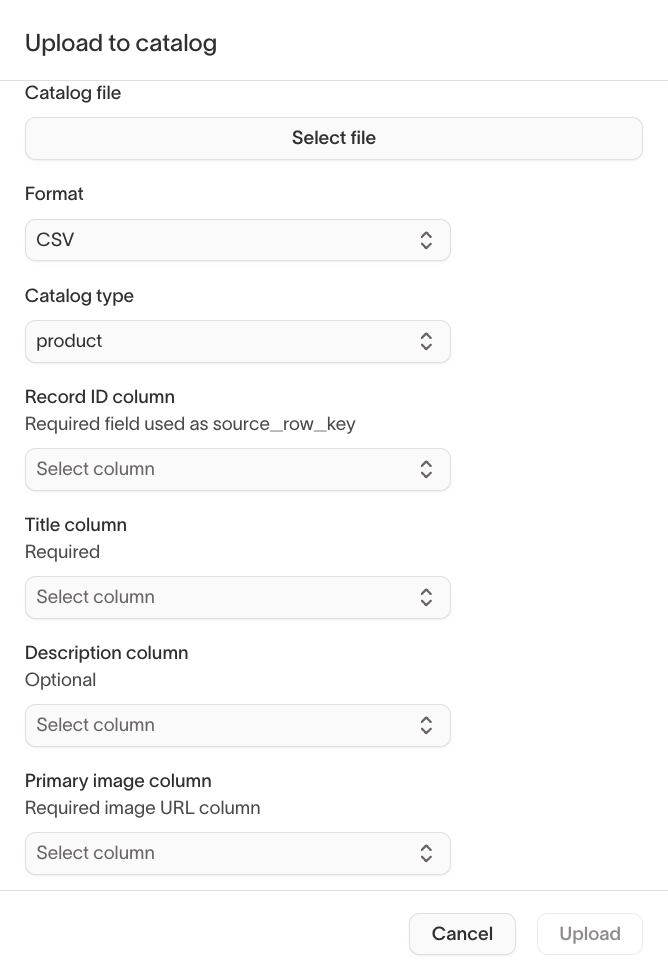 Upload product catalog dialog with column mapping