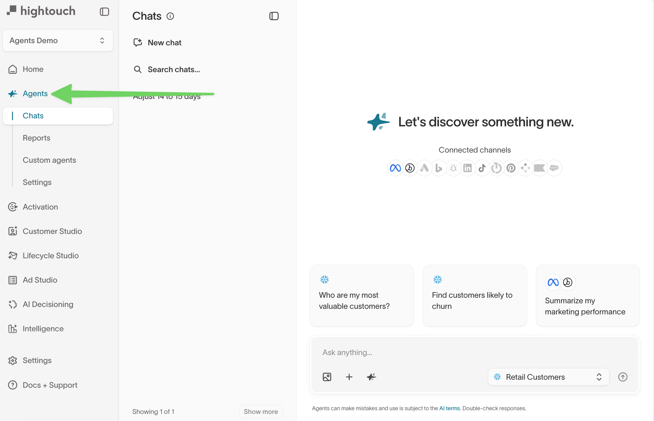 The standalone Agents chat interface