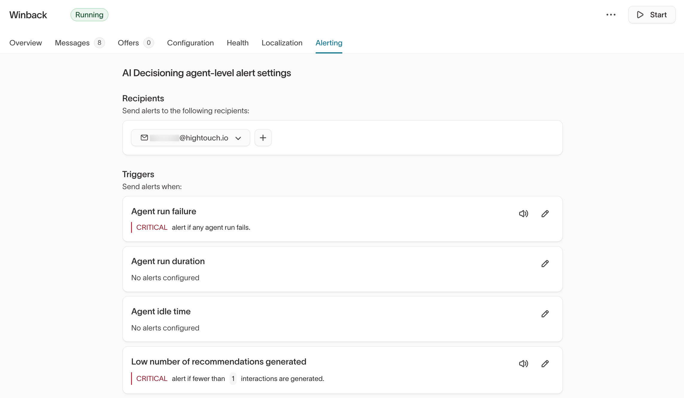 Alerting tab showing recipients and trigger configuration