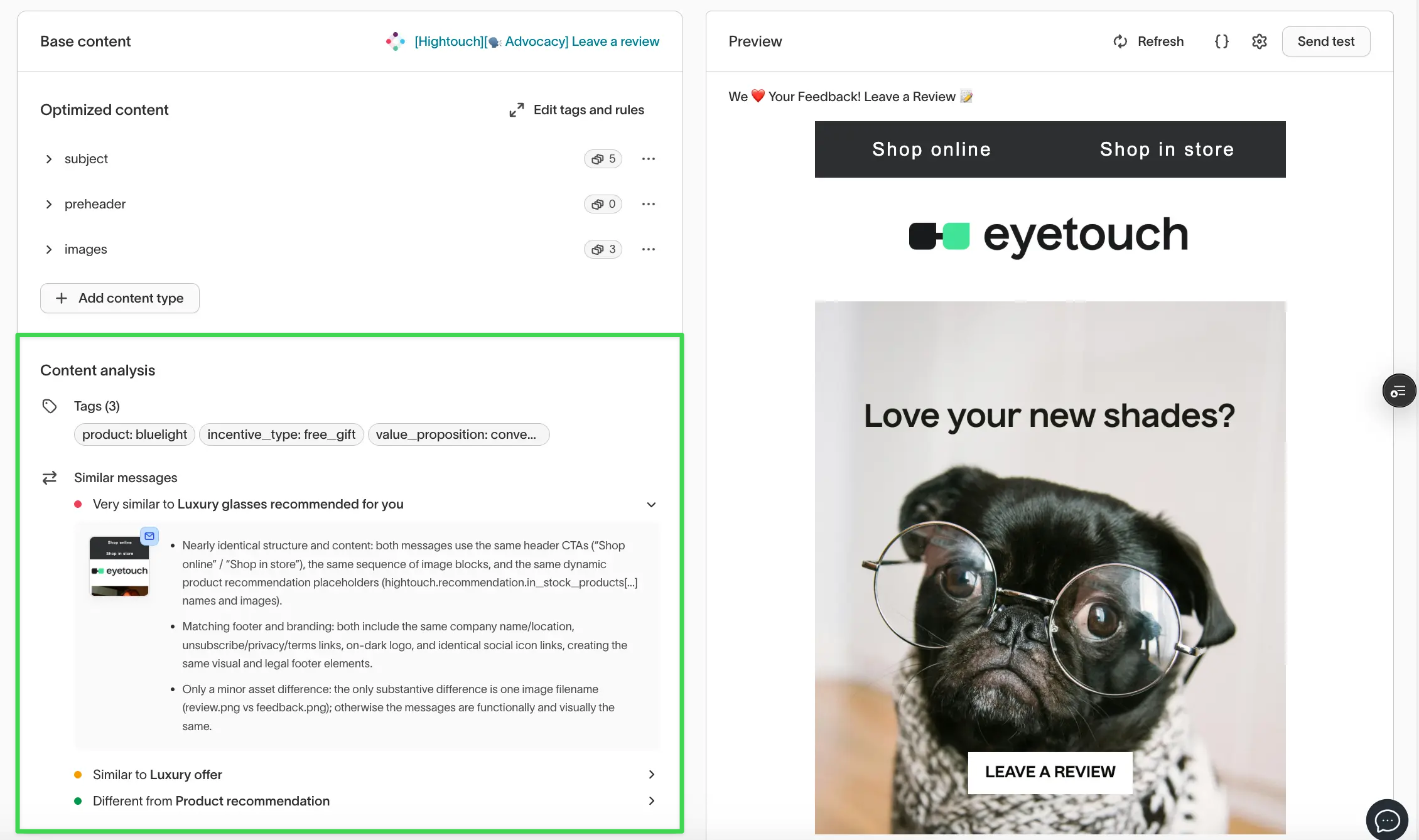 Content analysis inside a message