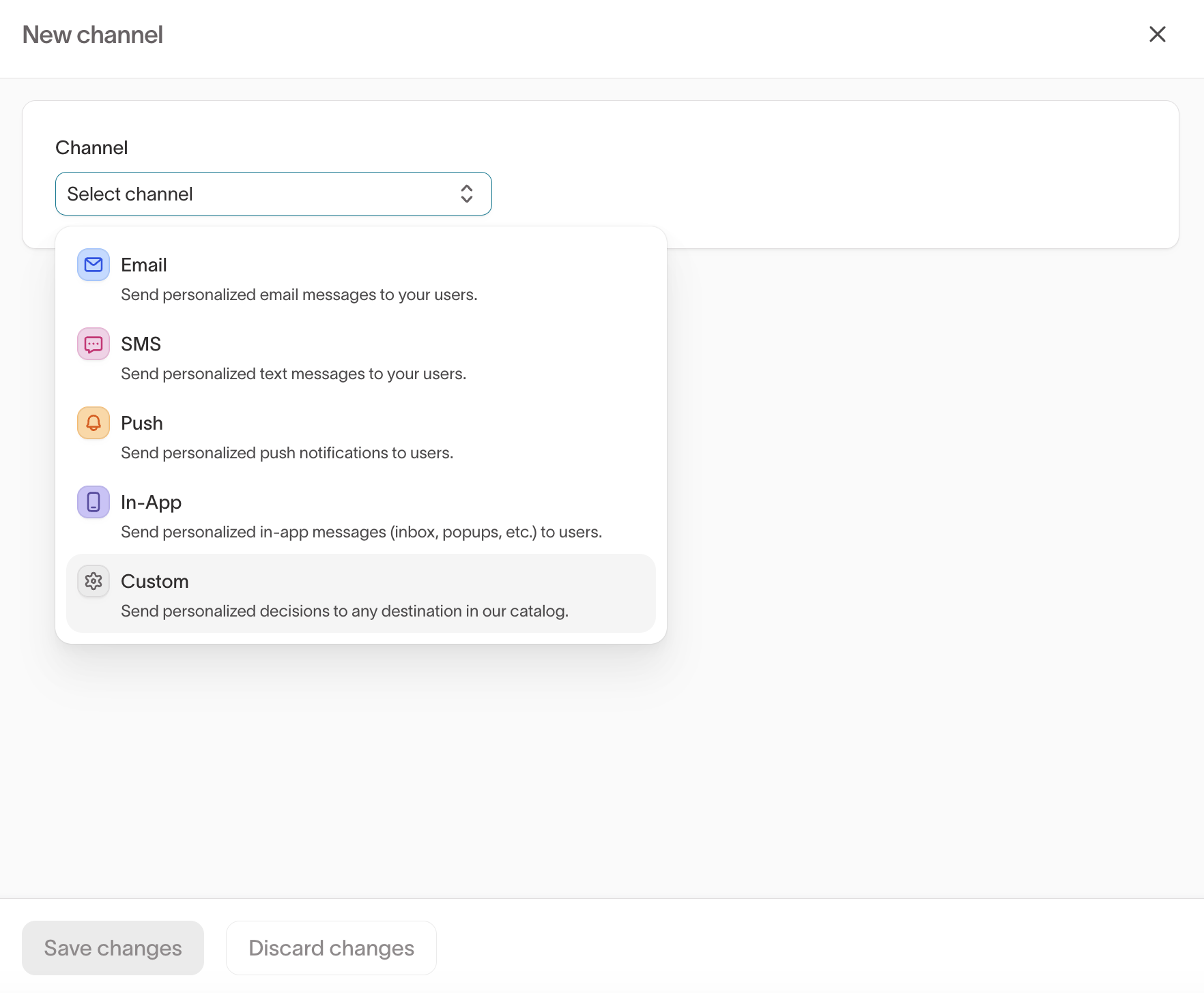 New channel dropdown showing the Custom channel type