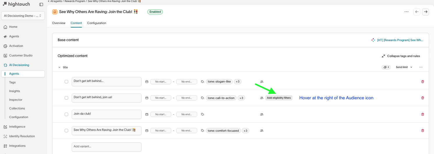 Push audience eligibility at the individual variant option level