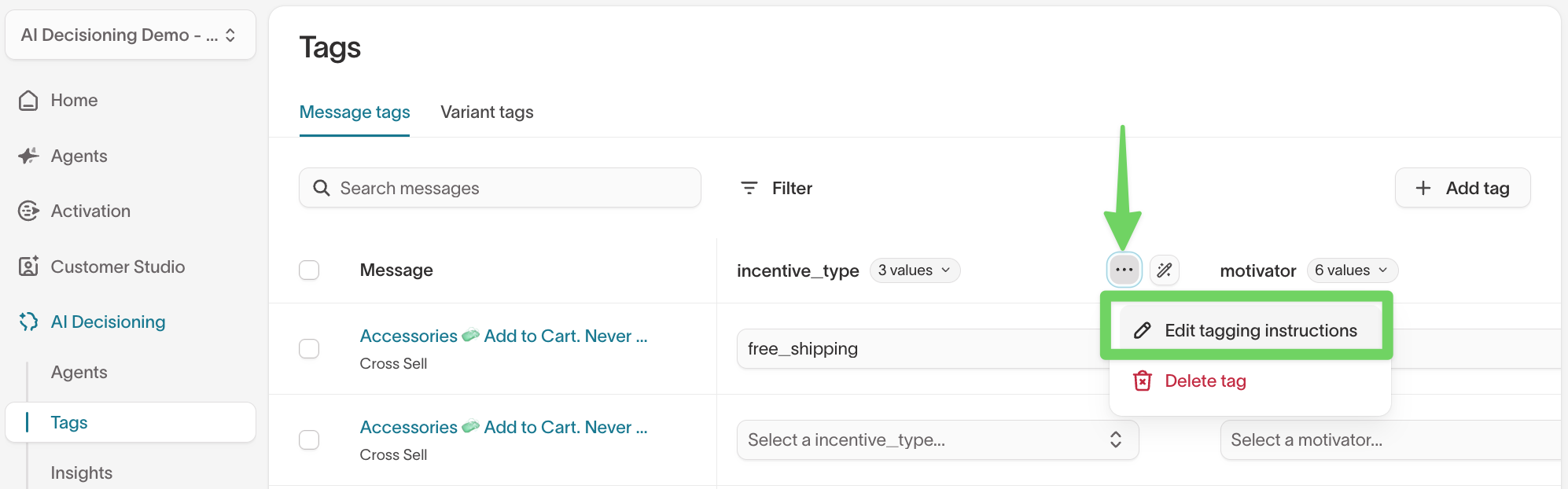 Tag instructions UI navigation