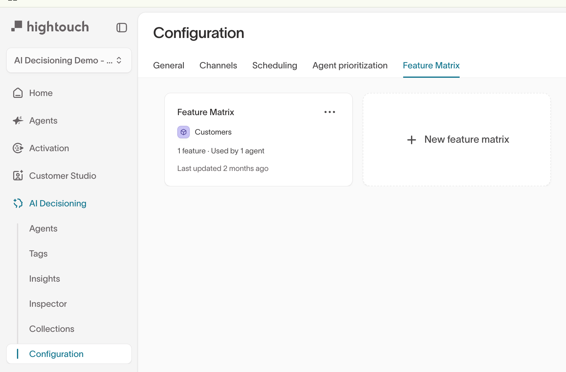 Configuration page showing the Feature Matrix tab with an existing matrix and New feature matrix button