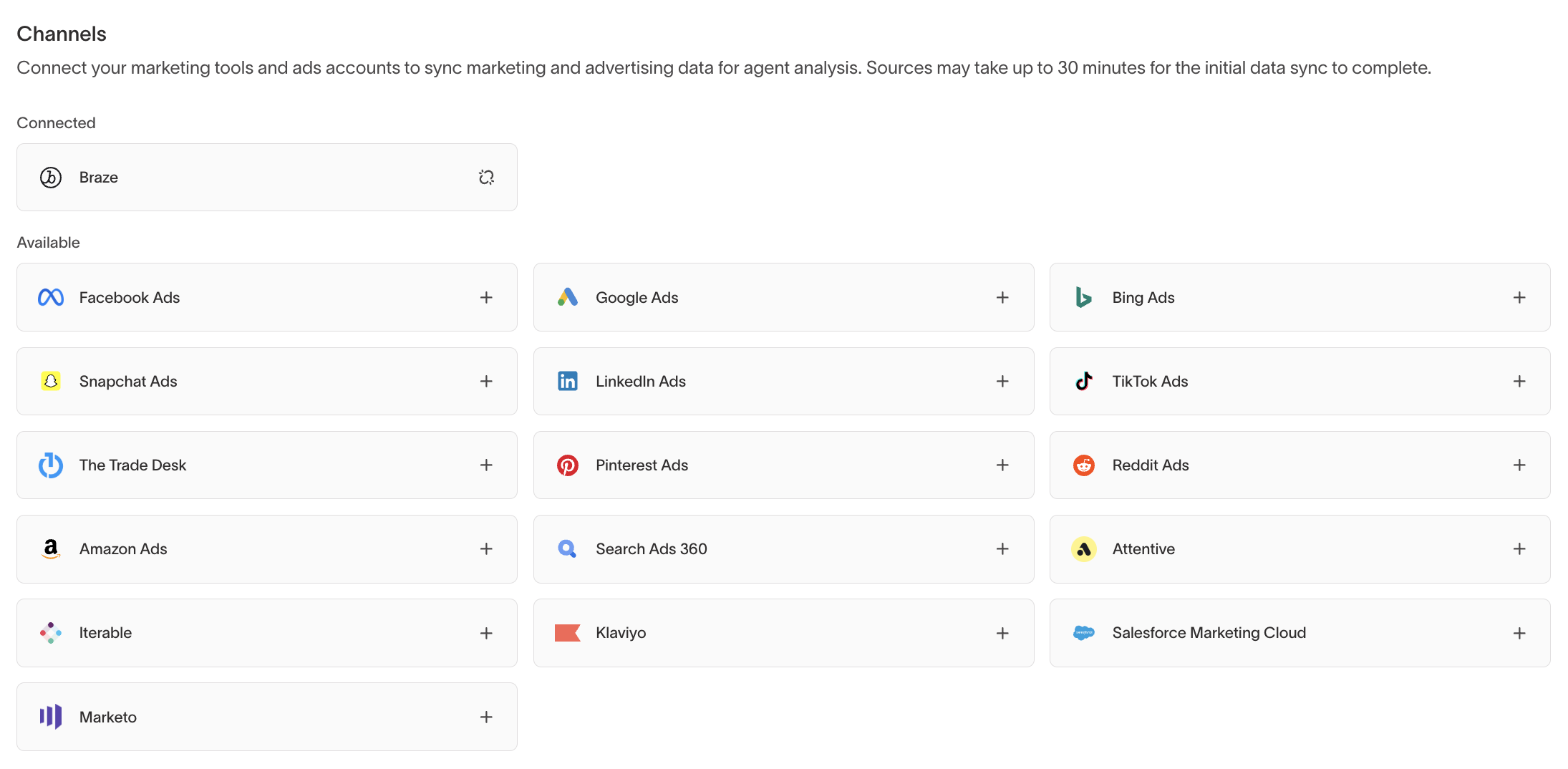 Channels section showing connected and available ad platforms and messaging tools
