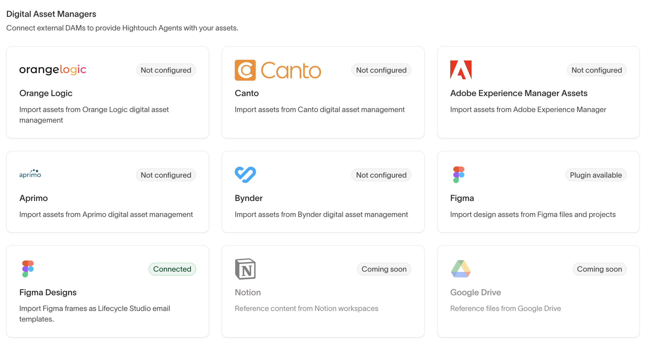 Digital Asset Managers section showing available DAM providers and their statuses