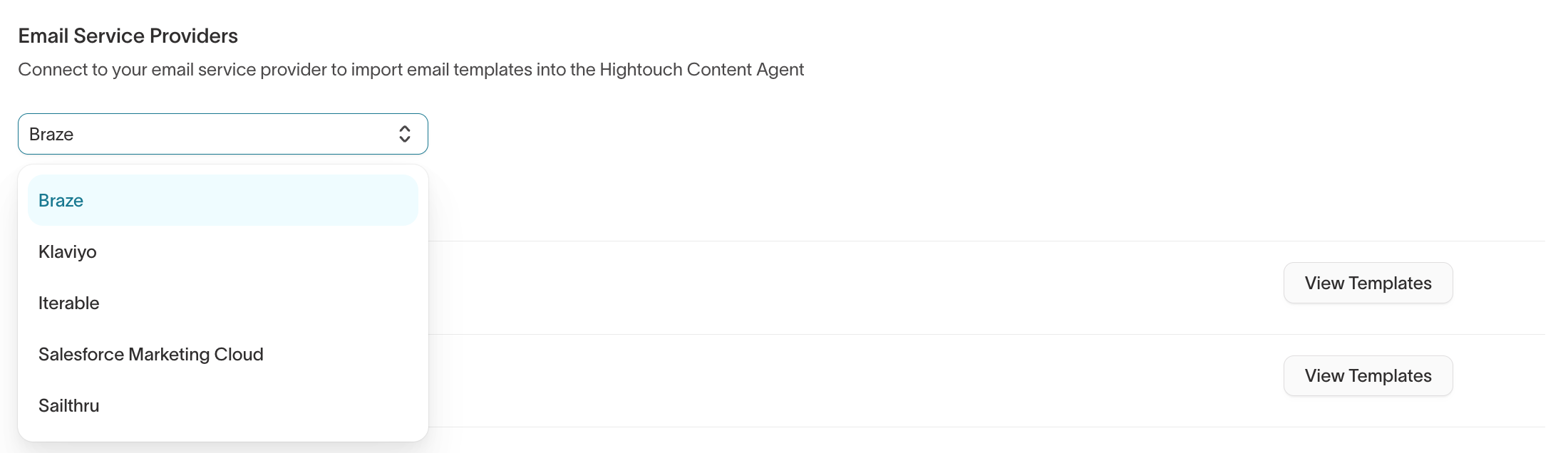 Email Service Providers section with the provider dropdown open