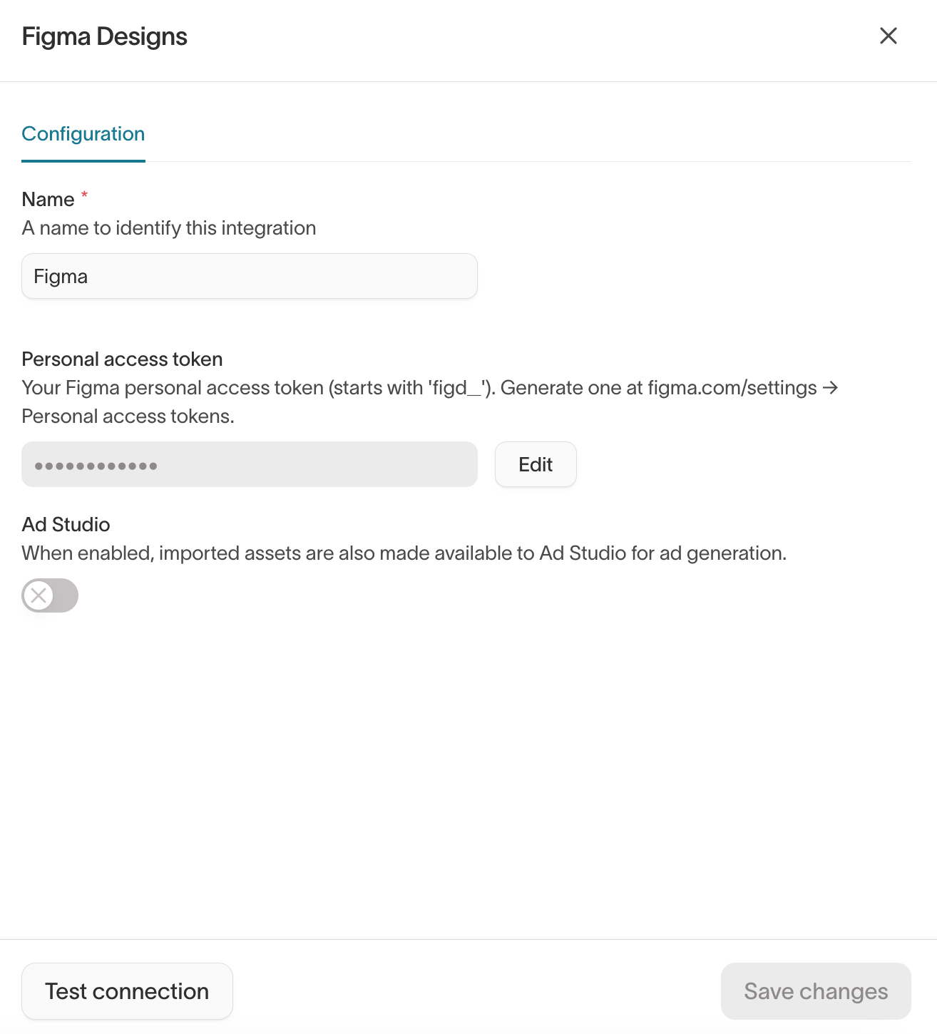 Figma Designs connection drawer with the personal access token field and Test connection button
