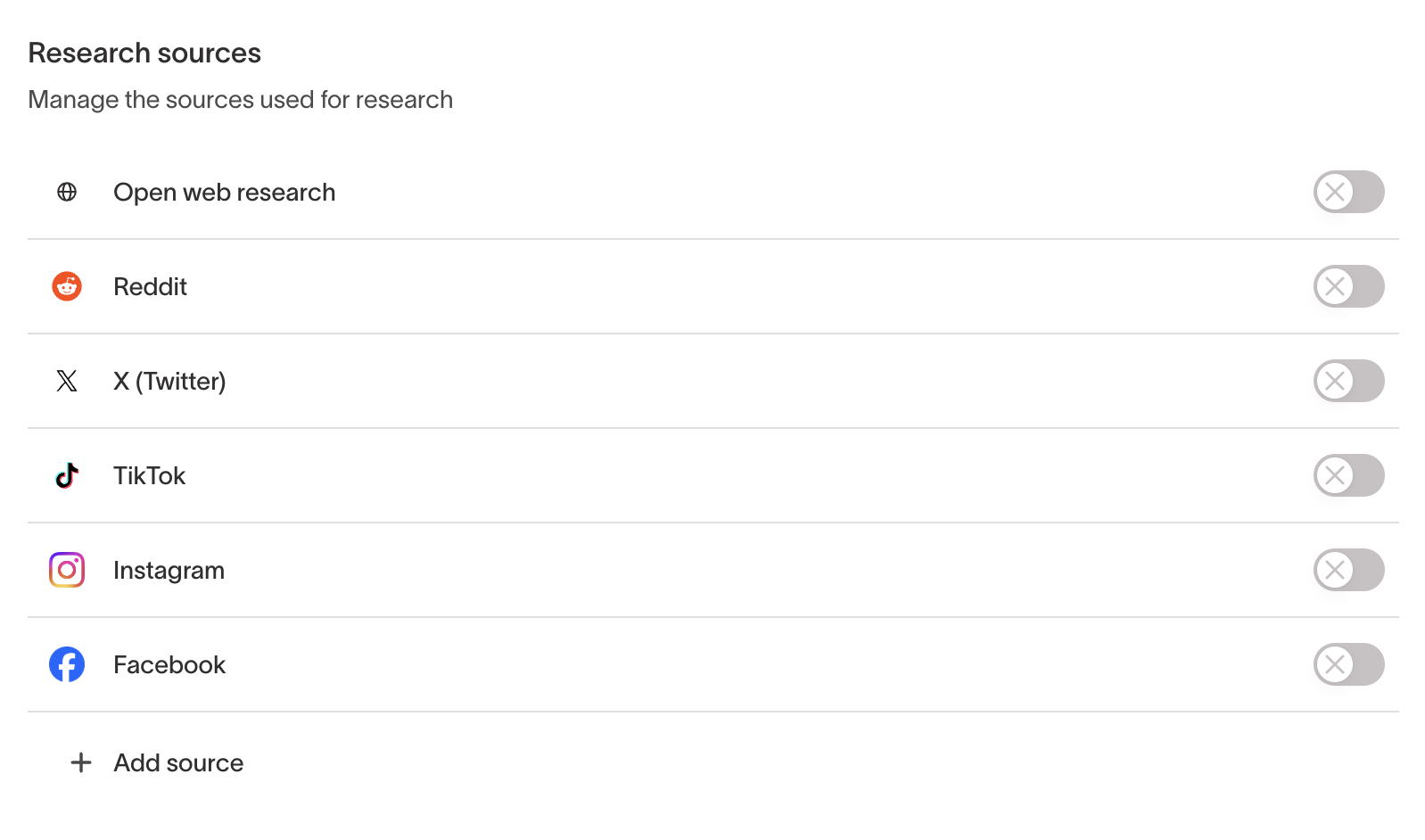 Research sources list with default platforms and toggles