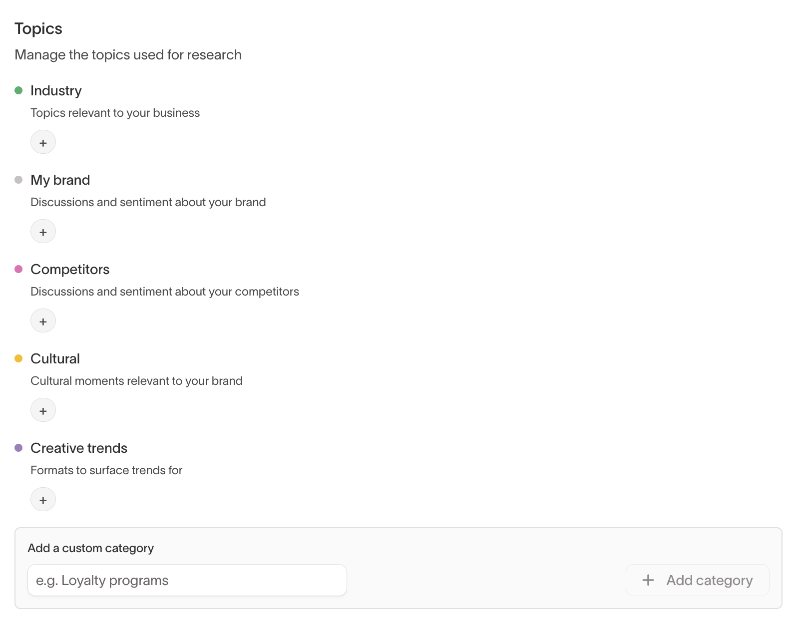 Signal topic categories with add-topic controls