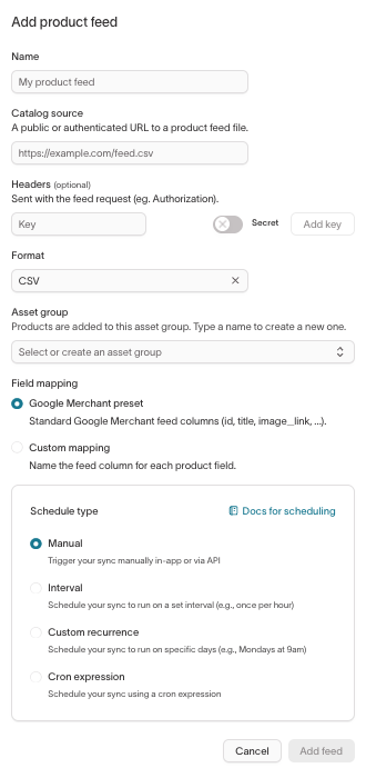 Add product feed configuration