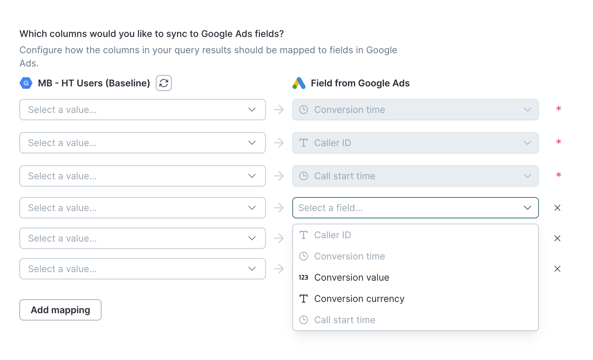 Call conversion field mapping