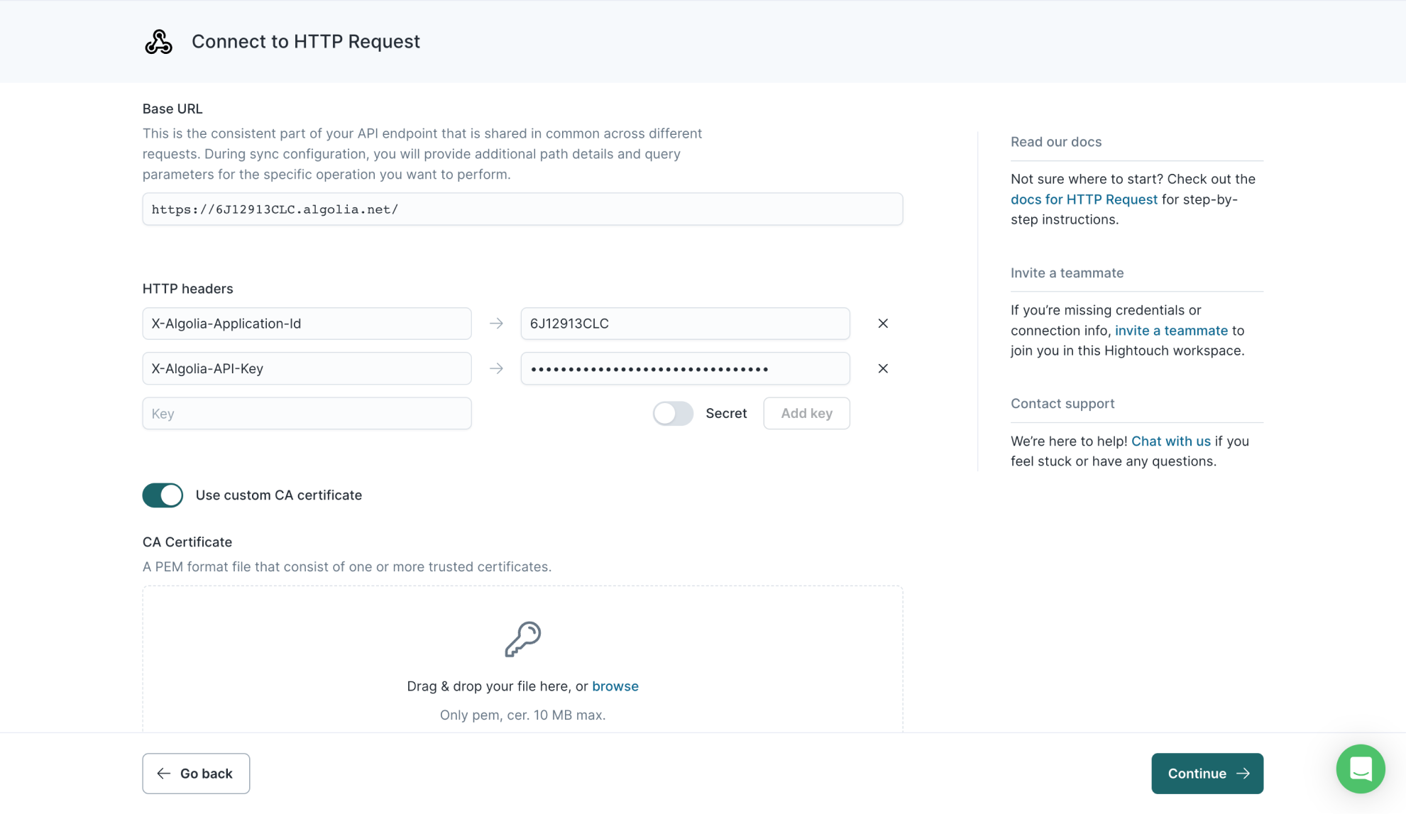 Setting up the HTTP Request destination in the Hightouch UI