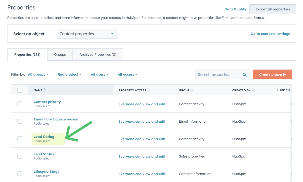 Lead rating property in HubSpot UI