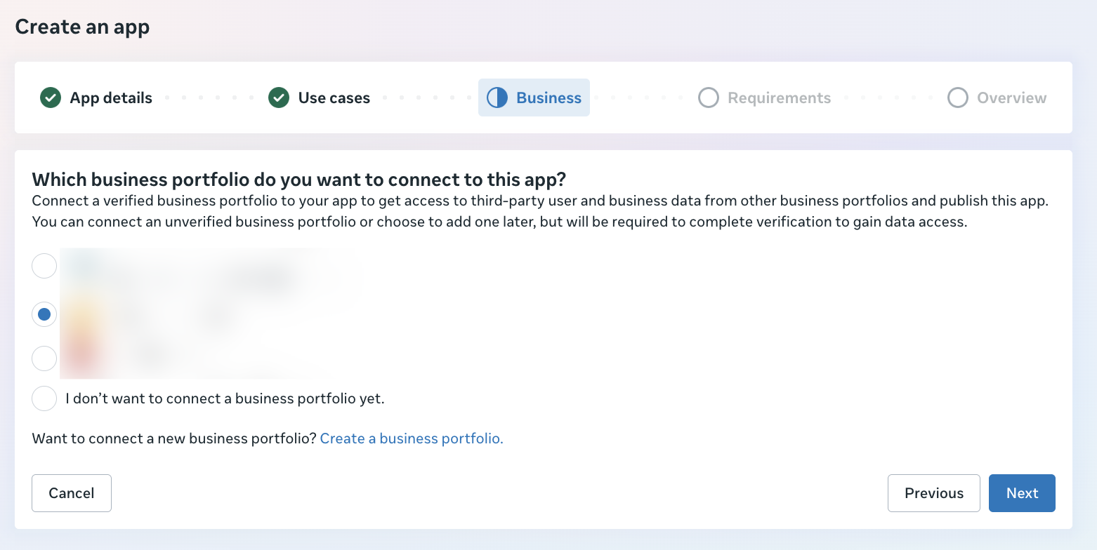 Connecting a business portfolio to the app
