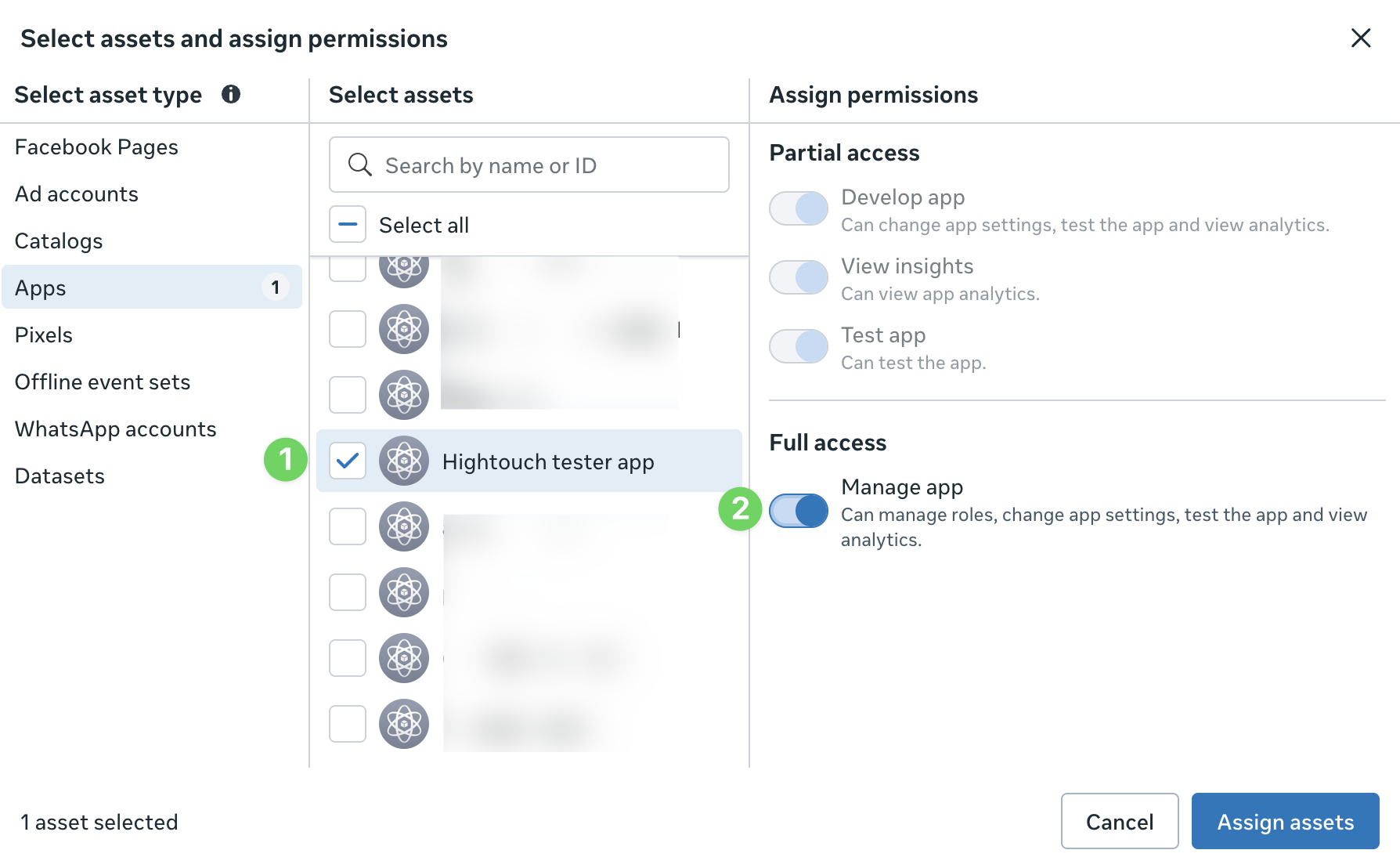Granting the app and ad account Full access