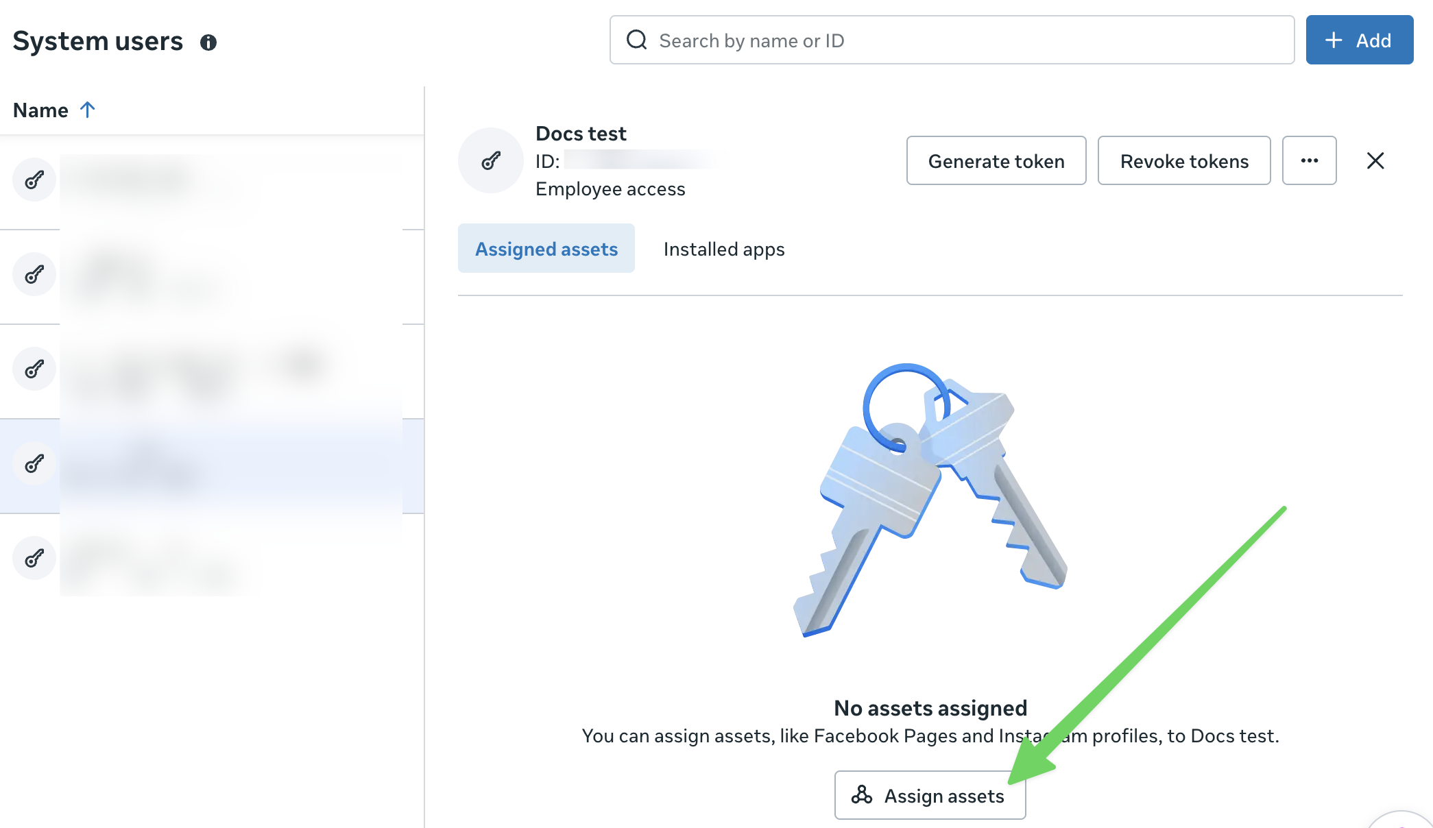 Selecting the system user and clicking Assign assets