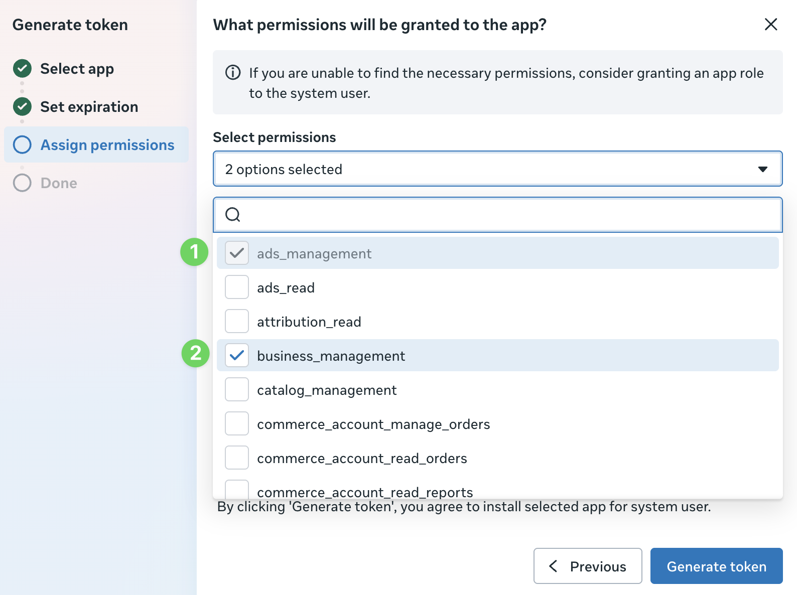 Selecting the ads_management and business_management permissions