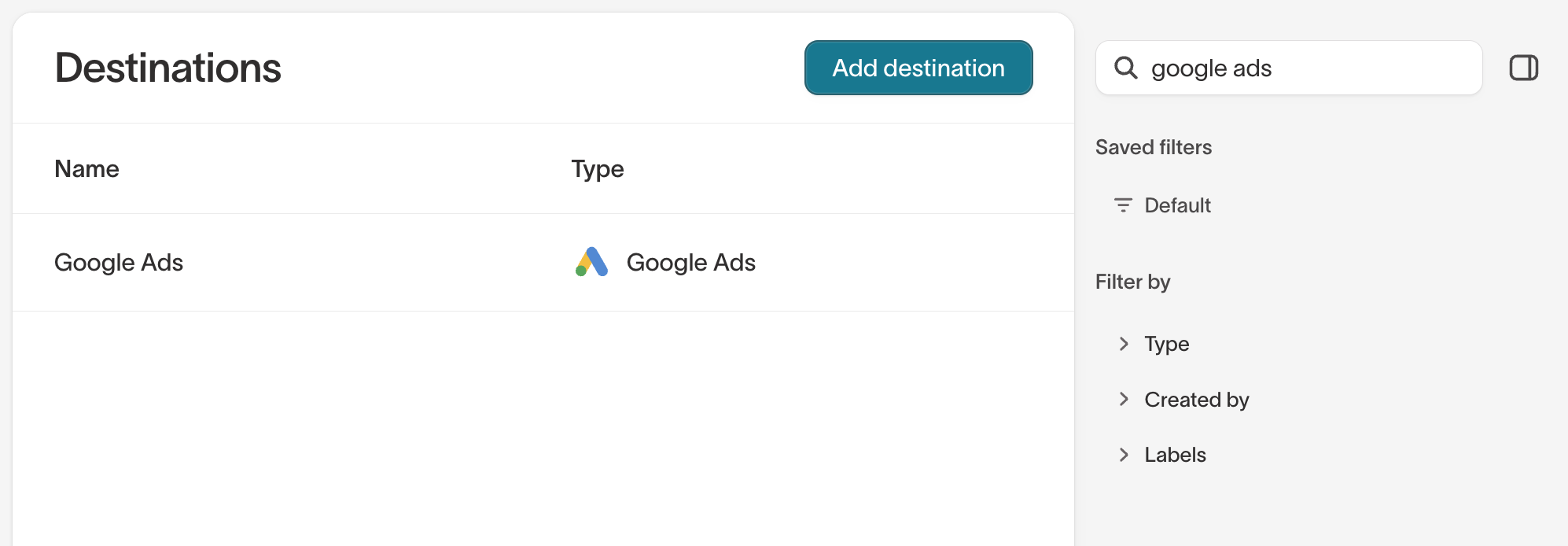 Destinations list filtered to Google Ads