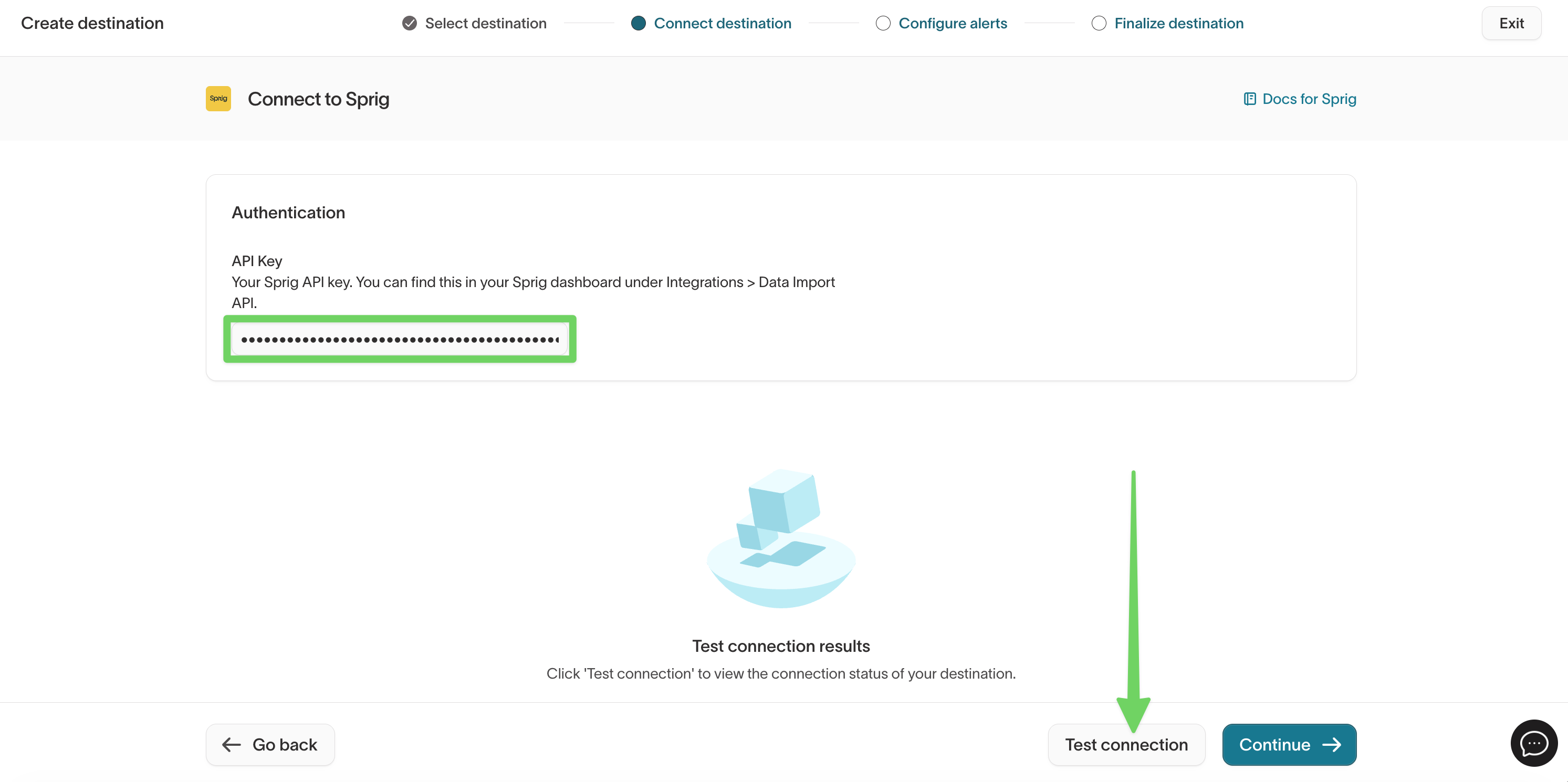 Entering the Sprig API key in Hightouch and testing the connection
